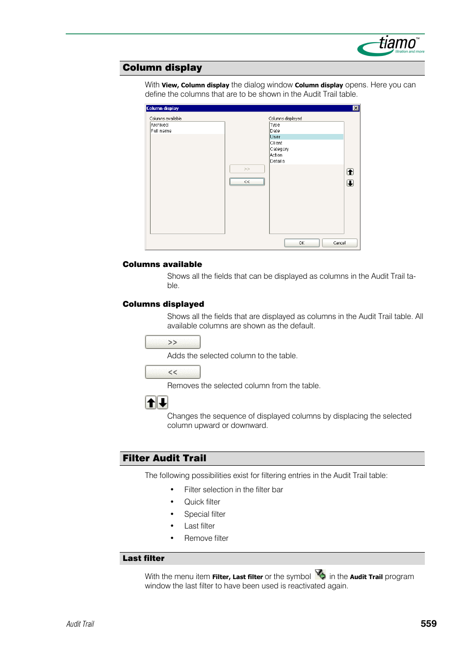 Column display, Filter audit trail | Metrohm tiamo 1.0 Manual User Manual | Page 583 / 714