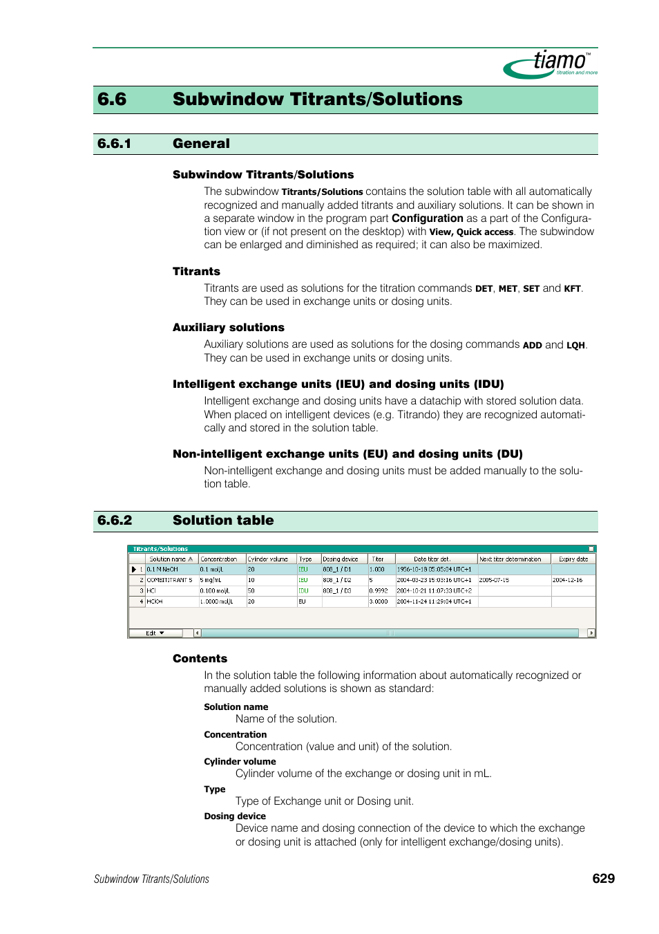 6 subwindow titrants/solutions, 1 general, 2 solution table | Metrohm tiamo 1.0 Manual User Manual | Page 653 / 714
