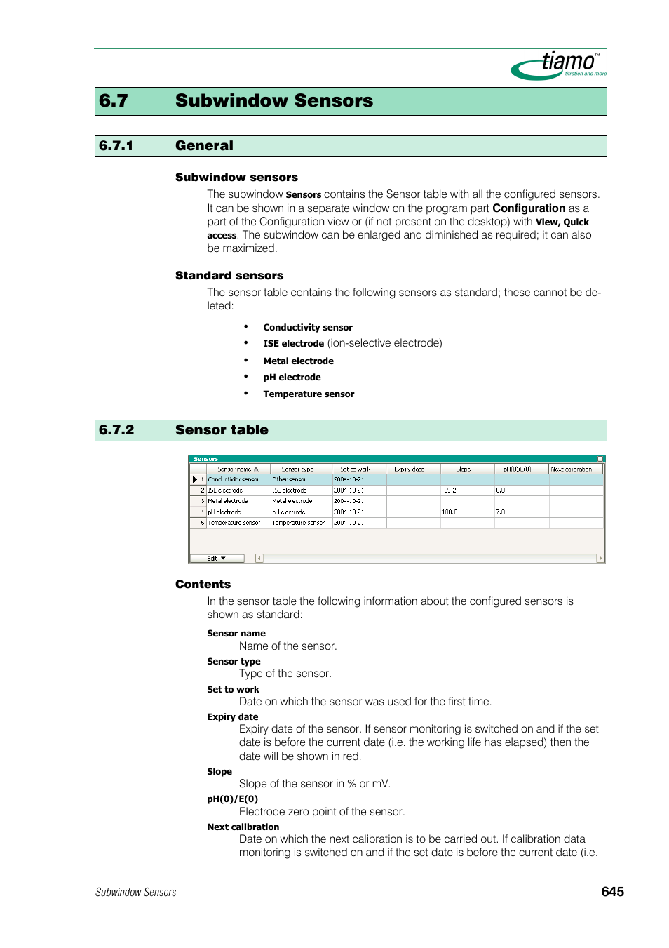 7 subwindow sensors, 1 general, 2 sensor table | Metrohm tiamo 1.0 Manual User Manual | Page 669 / 714