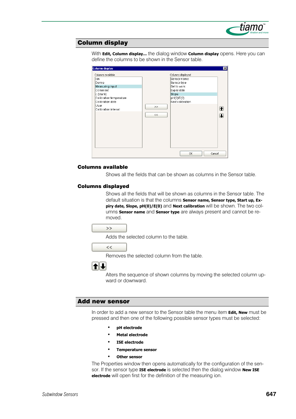 Column display, Add new sensor | Metrohm tiamo 1.0 Manual User Manual | Page 671 / 714