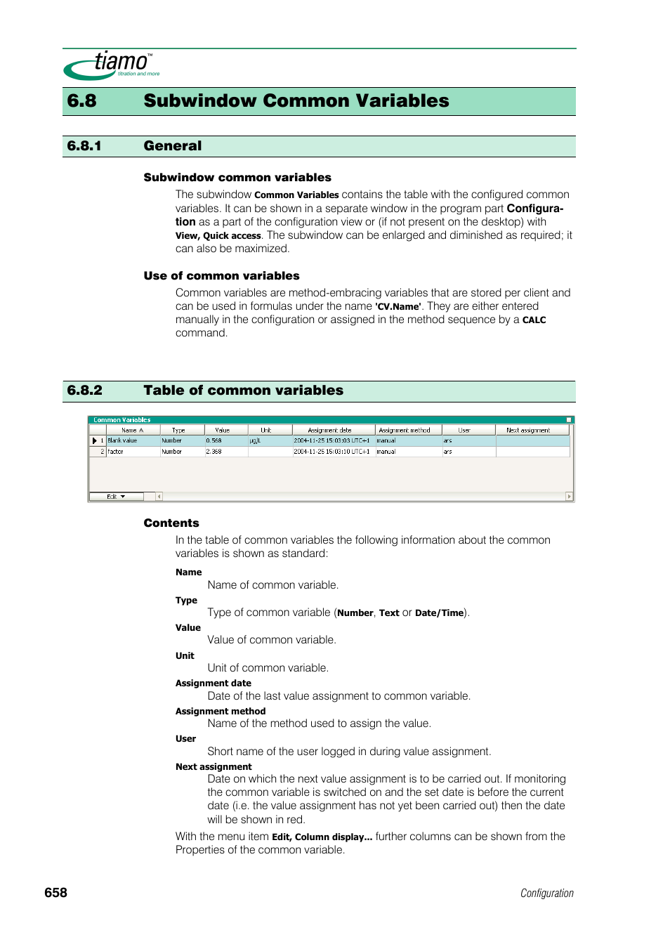 8 subwindow common variables, 1 general, 2 table of common variables | Metrohm tiamo 1.0 Manual User Manual | Page 682 / 714