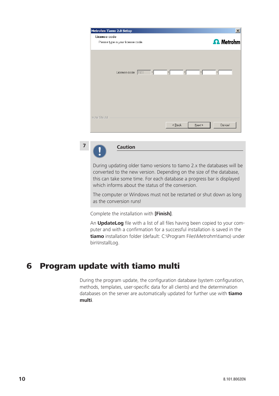 6 program update with tiamo multi | Metrohm tiamo 2.0 Installation User Manual | Page 10 / 13