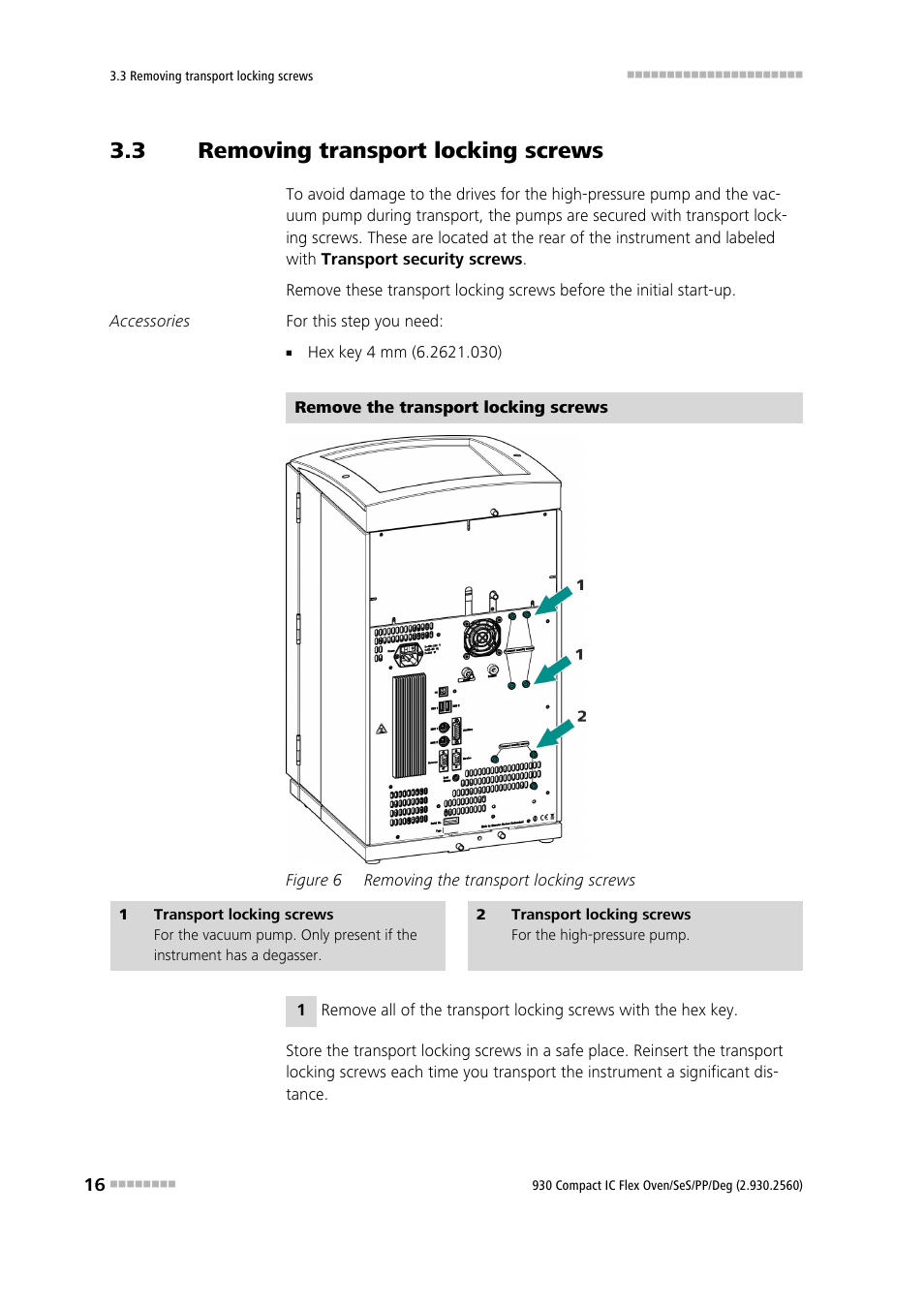 3 removing transport locking screws, Removing transport locking screws, Figure 6 | Removing the transport locking screws | Metrohm 930 Compact IC Flex Oven/SeS/PP/Deg User Manual | Page 26 / 124