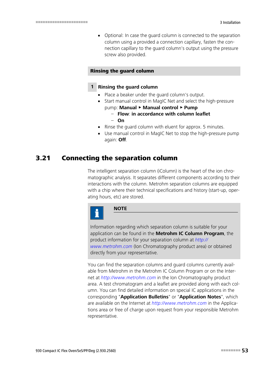 21 connecting the separation column | Metrohm 930 Compact IC Flex Oven/SeS/PP/Deg User Manual | Page 63 / 124