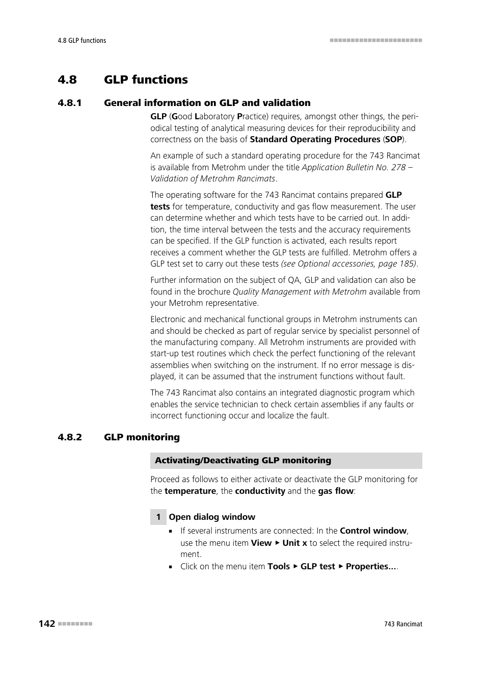 8 glp functions, 1 general information on glp and validation, 2 glp monitoring | Glp functions, General information on glp and validation, Glp monitoring | Metrohm 743 Rancimat User Manual | Page 150 / 197