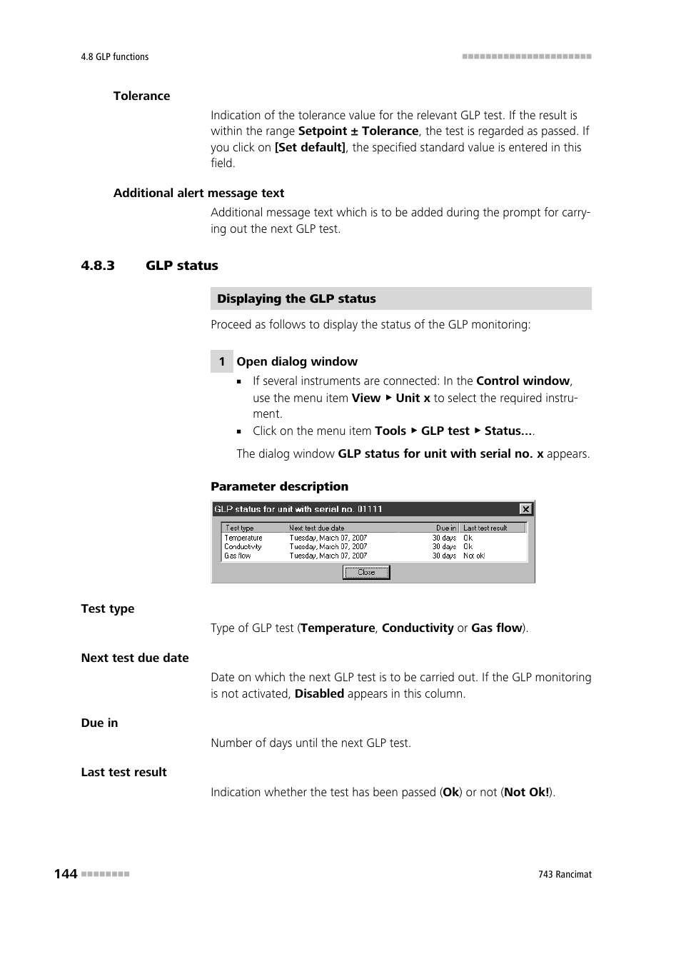 3 glp status, Glp status | Metrohm 743 Rancimat User Manual | Page 152 / 197