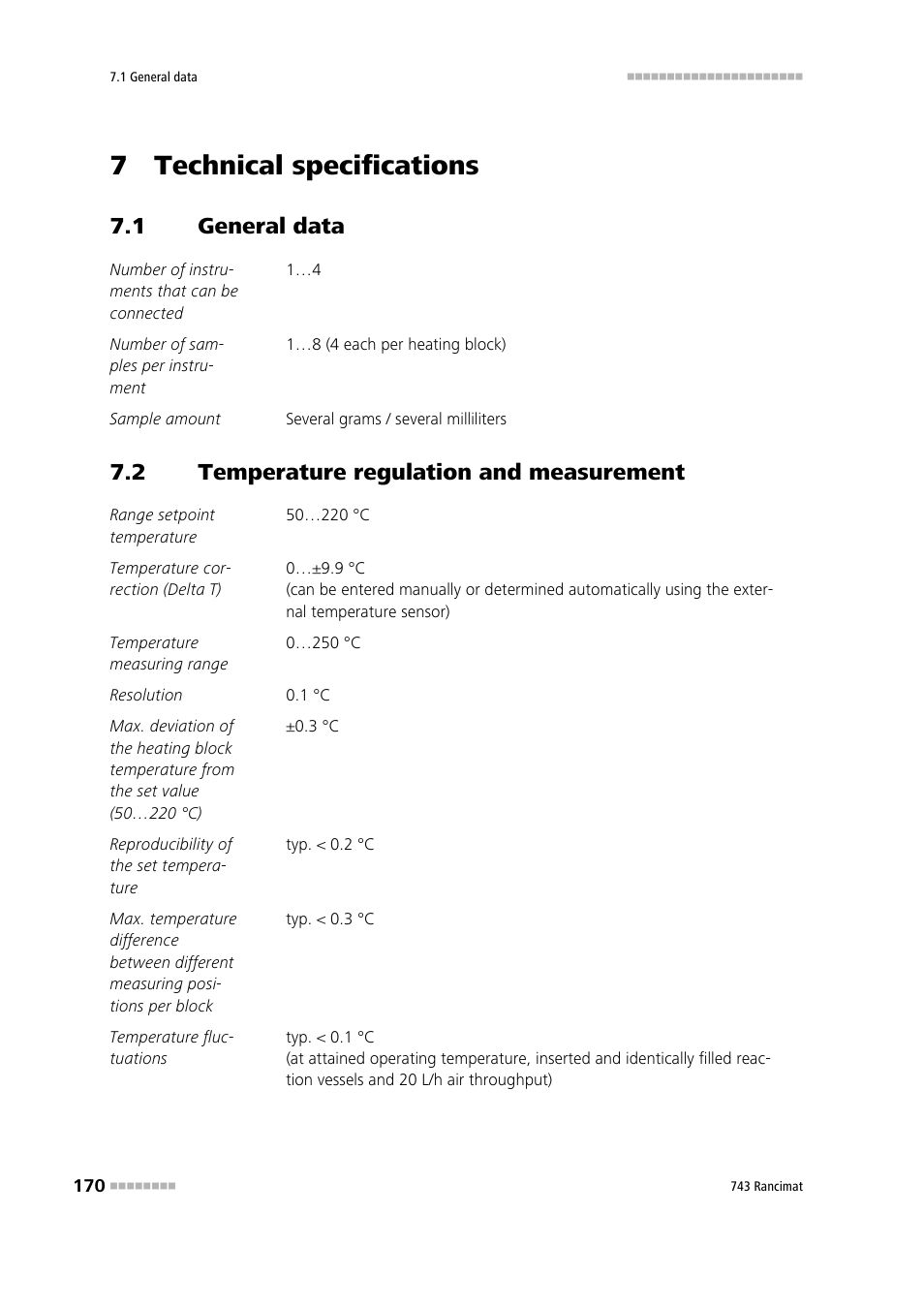 7 technical specifications, 1 general data, 2 temperature regulation and measurement | General data, Temperature regulation and measurement | Metrohm 743 Rancimat User Manual | Page 178 / 197