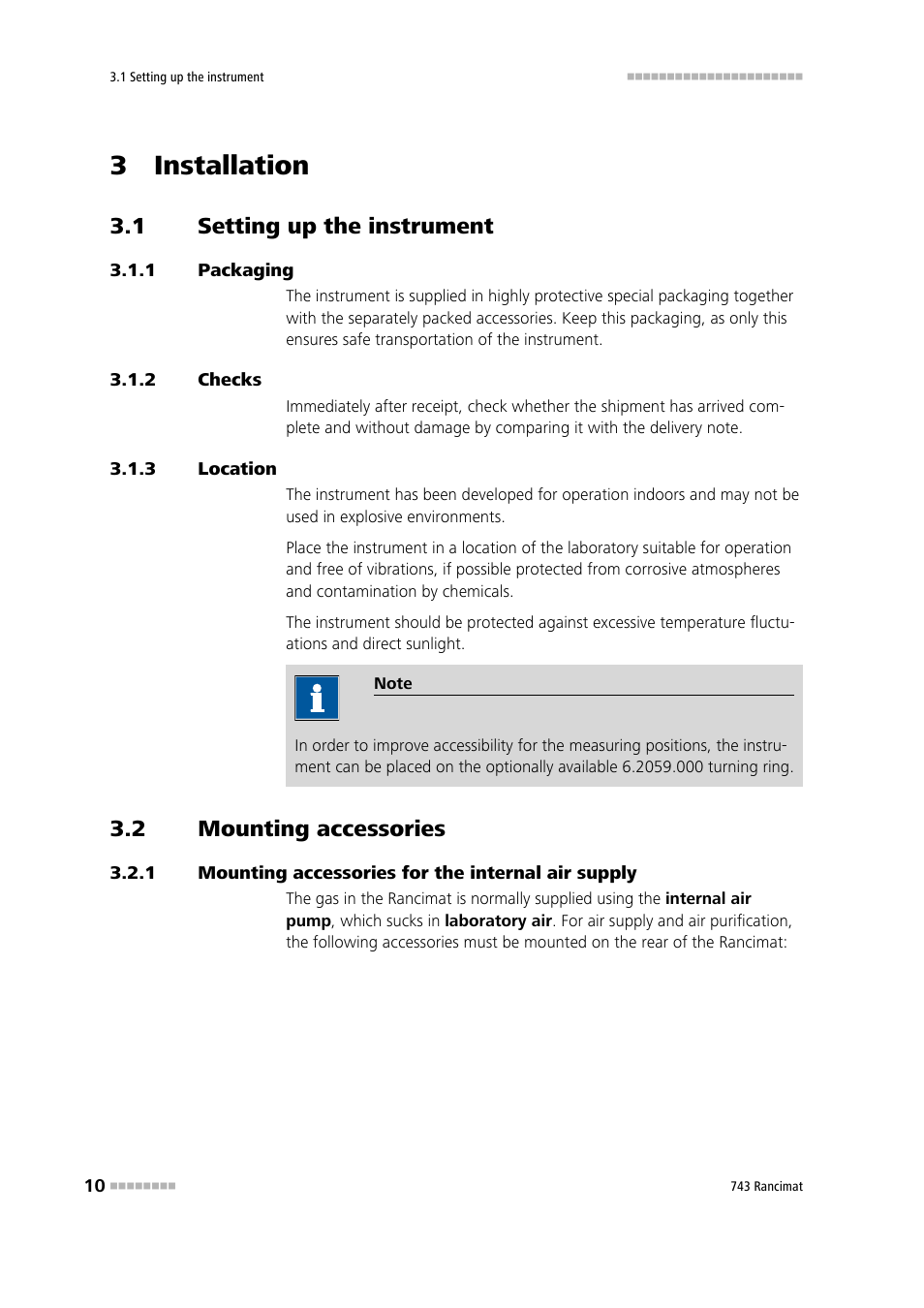 3 installation, 1 setting up the instrument, 1 packaging | 2 checks, 3 location, 2 mounting accessories, 1 mounting accessories for the internal air supply, Setting up the instrument, Packaging, Checks | Metrohm 743 Rancimat User Manual | Page 18 / 197