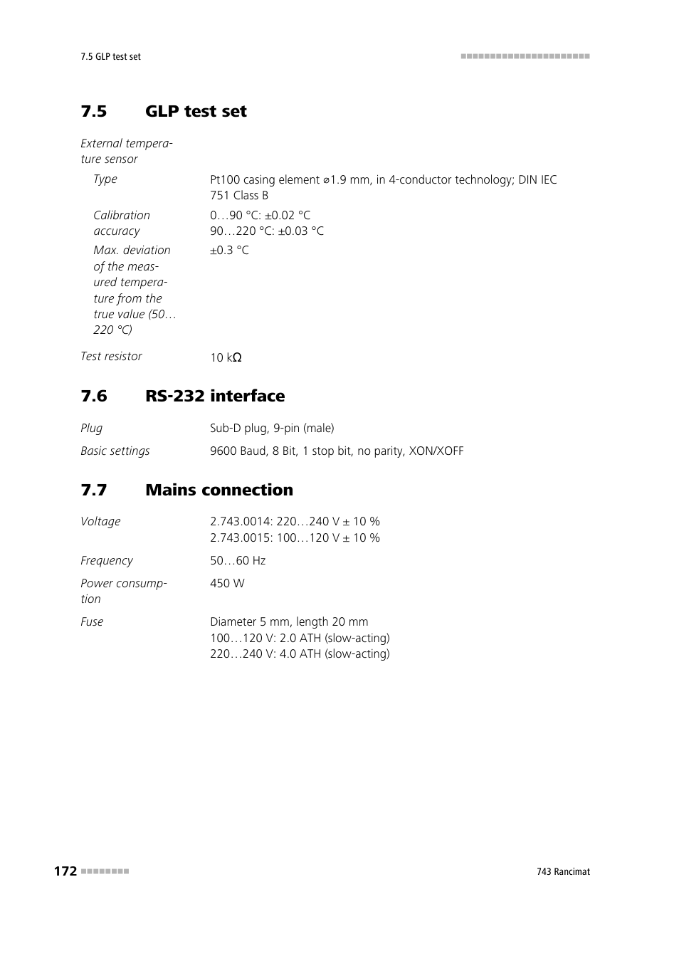 5 glp test set, 6 rs-232 interface, 7 mains connection | Glp test set, Rs-232 interface, Mains connection | Metrohm 743 Rancimat User Manual | Page 180 / 197