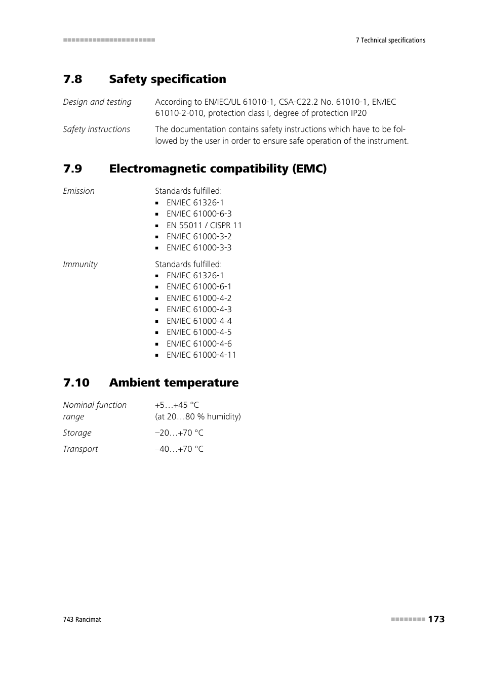 8 safety specification, 9 electromagnetic compatibility (emc), 10 ambient temperature | Safety specification, Electromagnetic compatibility (emc) | Metrohm 743 Rancimat User Manual | Page 181 / 197