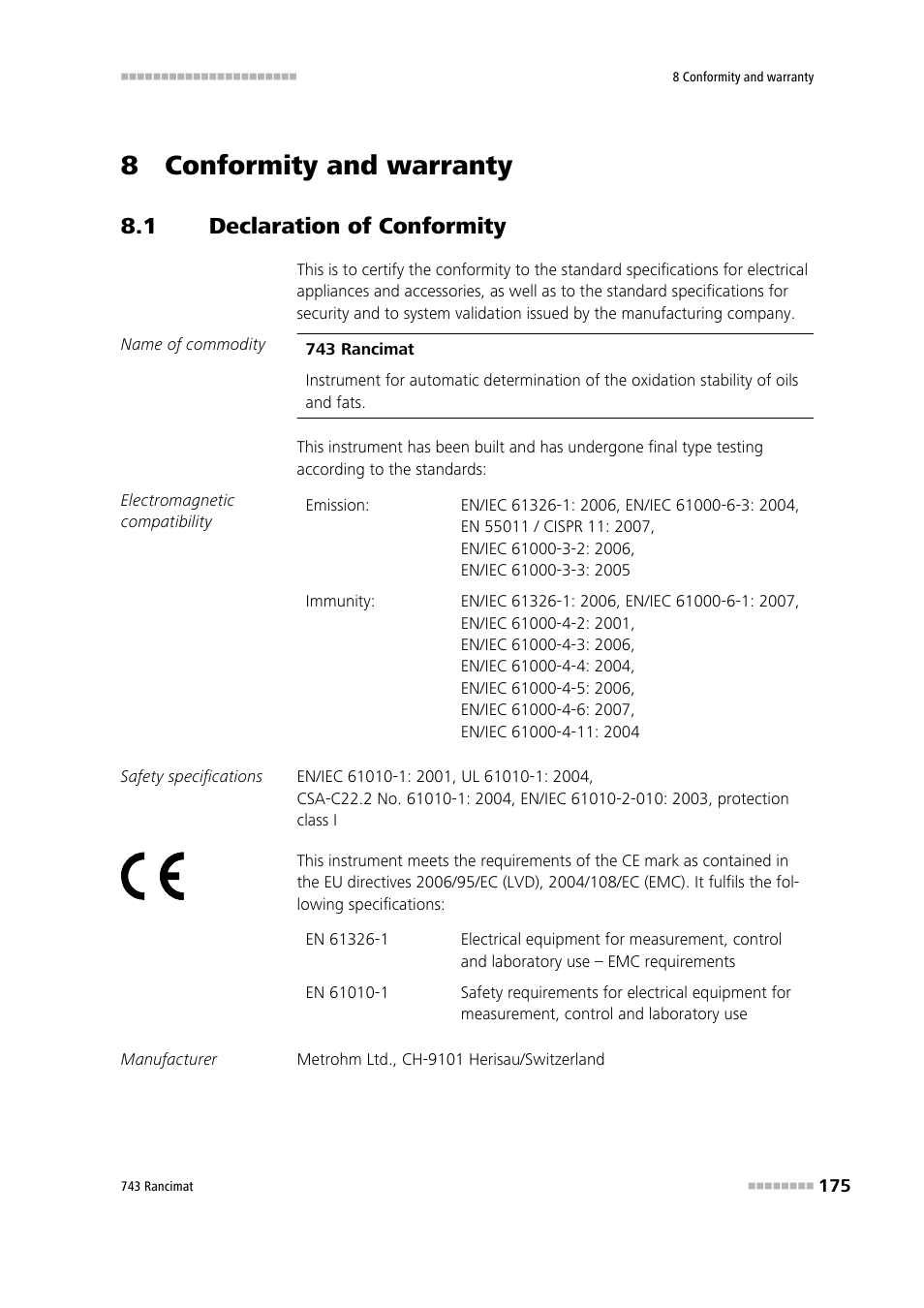 8 conformity and warranty, 1 declaration of conformity, Declaration of conformity | Metrohm 743 Rancimat User Manual | Page 183 / 197