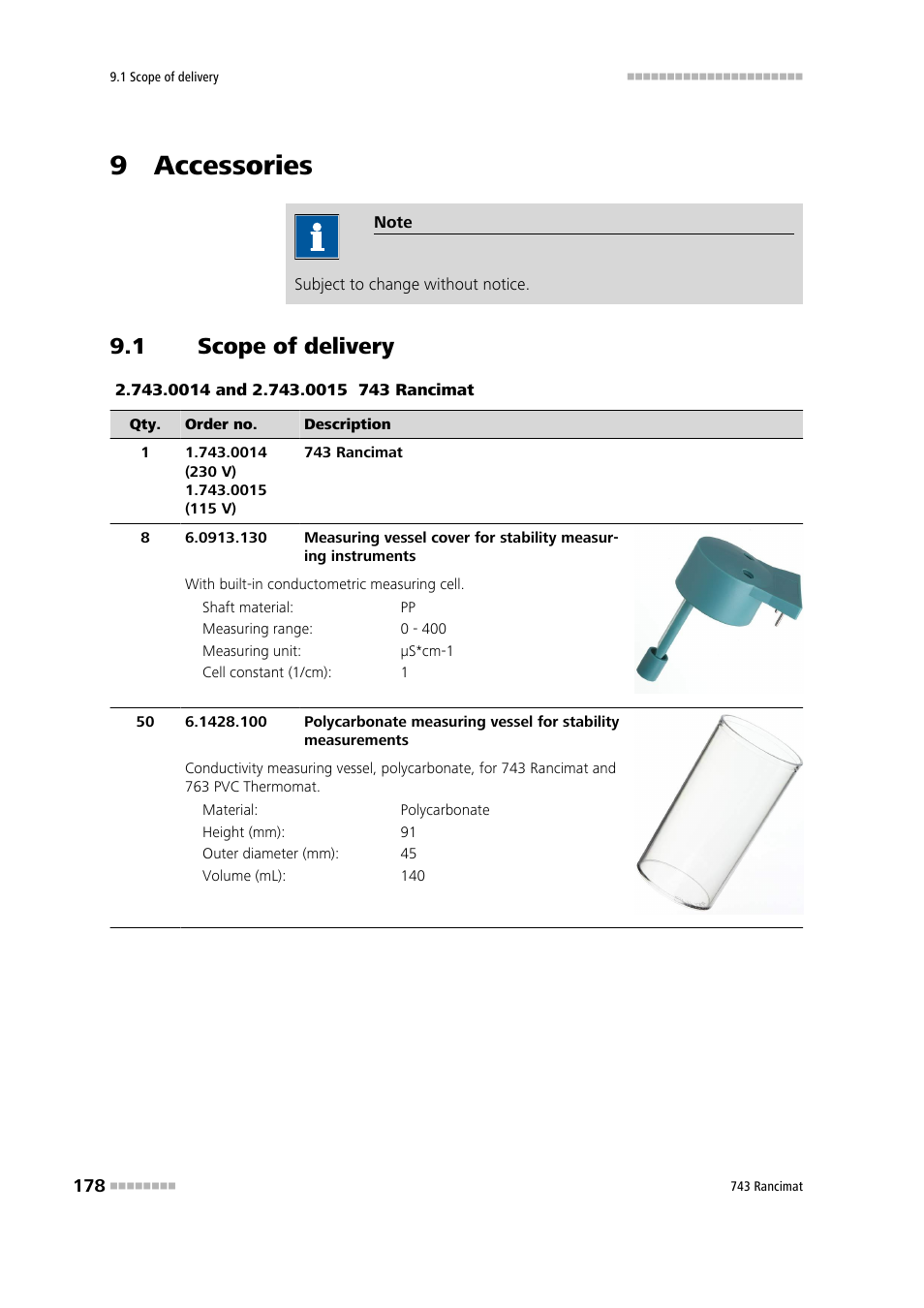 9 accessories, 1 scope of delivery, Scope of delivery | Metrohm 743 Rancimat User Manual | Page 186 / 197