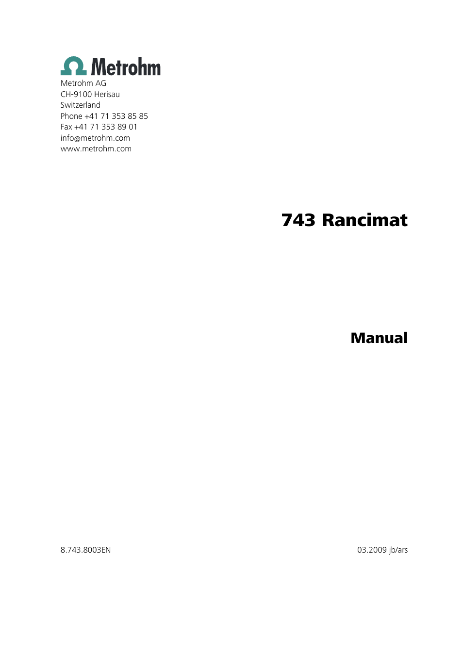 743 rancimat, Manual | Metrohm 743 Rancimat User Manual | Page 3 / 197