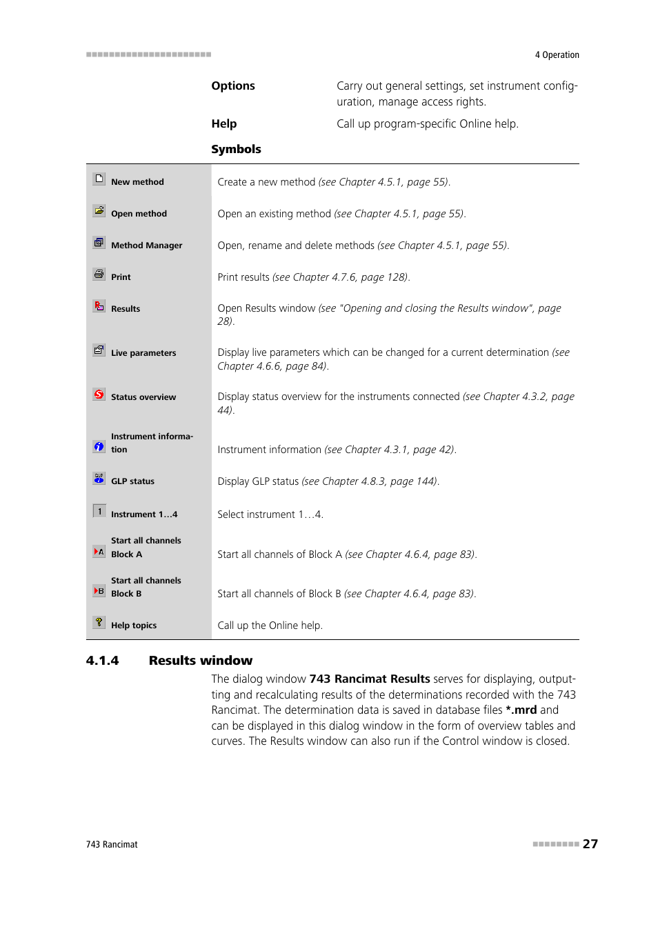 4 results window, Results window | Metrohm 743 Rancimat User Manual | Page 35 / 197