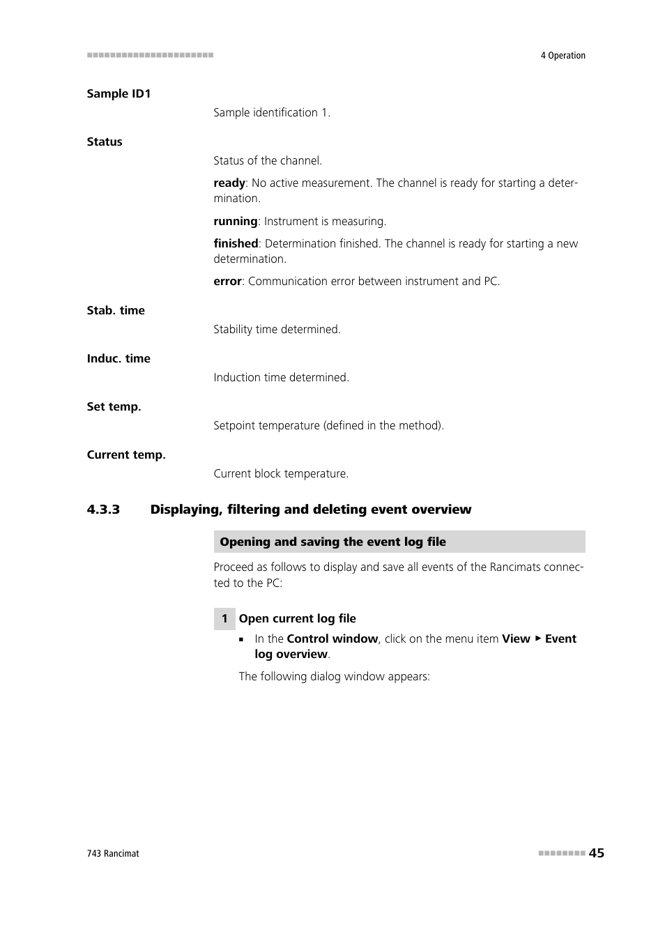 Displaying, filtering and deleting event overview | Metrohm 743 Rancimat User Manual | Page 53 / 197