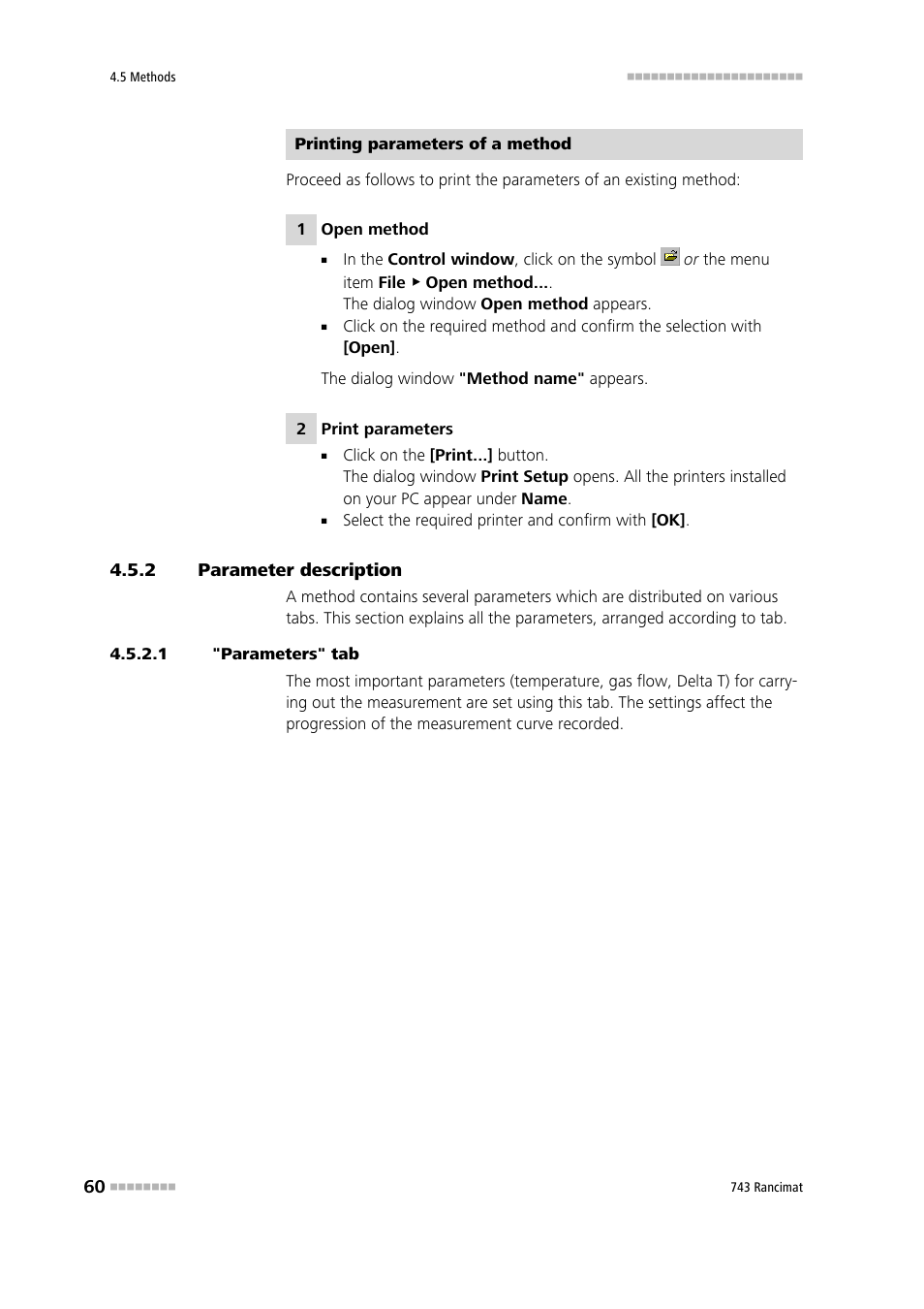 2 parameter description, 1 "parameters" tab, Parameter description | Metrohm 743 Rancimat User Manual | Page 68 / 197