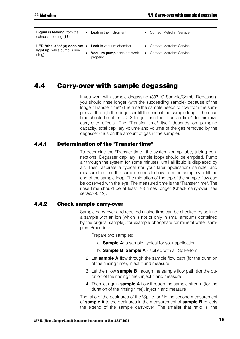 4 carry-over with sample degassing, 1 determination of the "transfer time, 2 check sample carry-over | Carry-over with sample degassing, Determination of the "transfer time, Check sample carry-over, Ion 4.4 | Metrohm 837 IC Degasser User Manual | Page 25 / 37