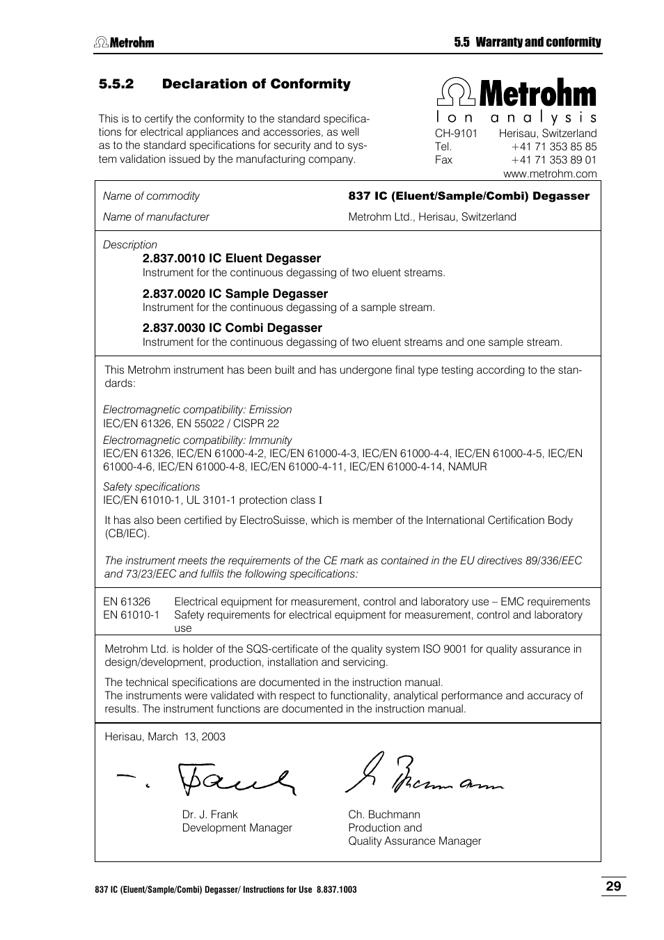 2 declaration of conformity, Declaration of conformity | Metrohm 837 IC Degasser User Manual | Page 35 / 37