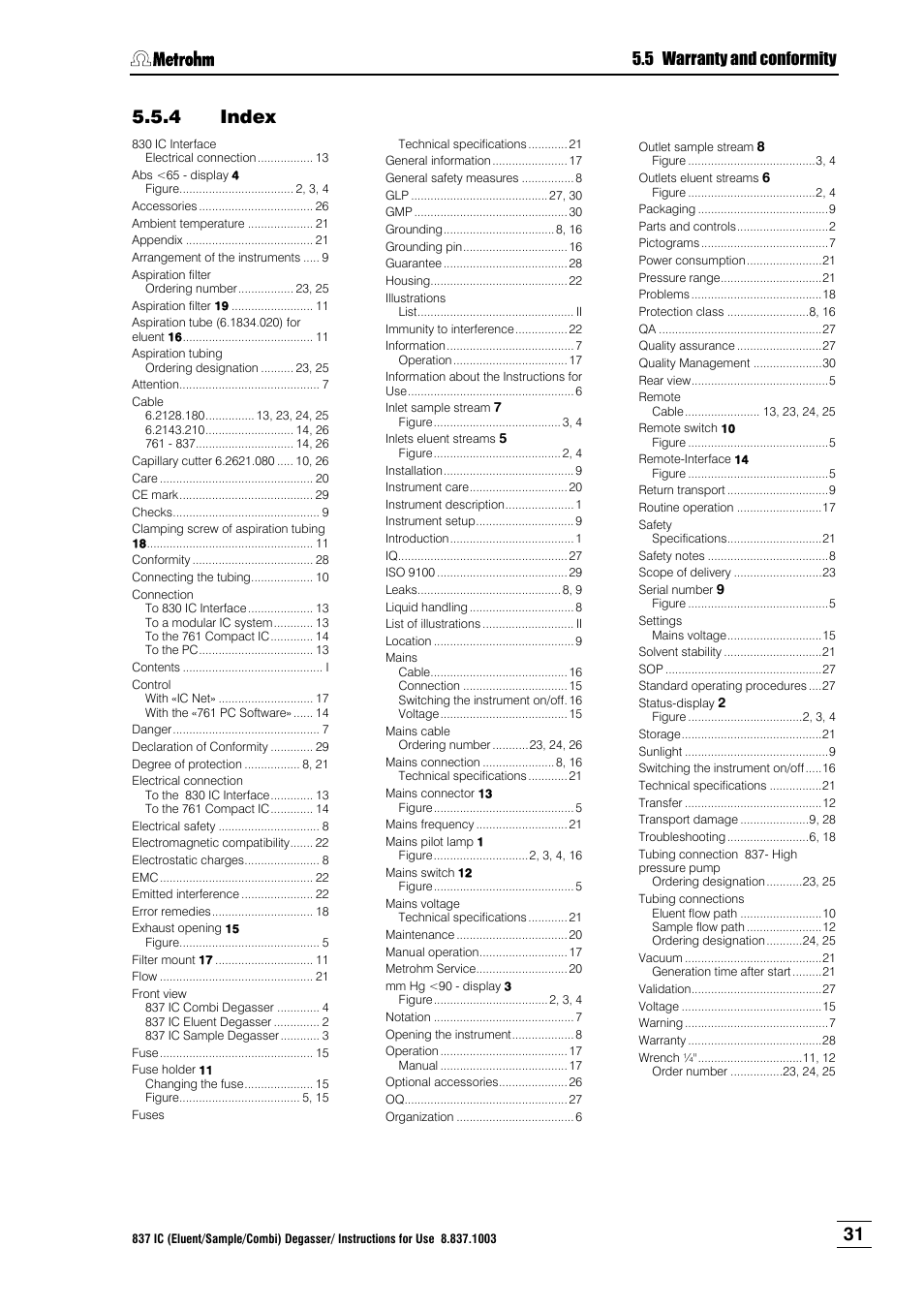 4 index, Index, 5 warranty and conformity | Metrohm 837 IC Degasser User Manual | Page 37 / 37