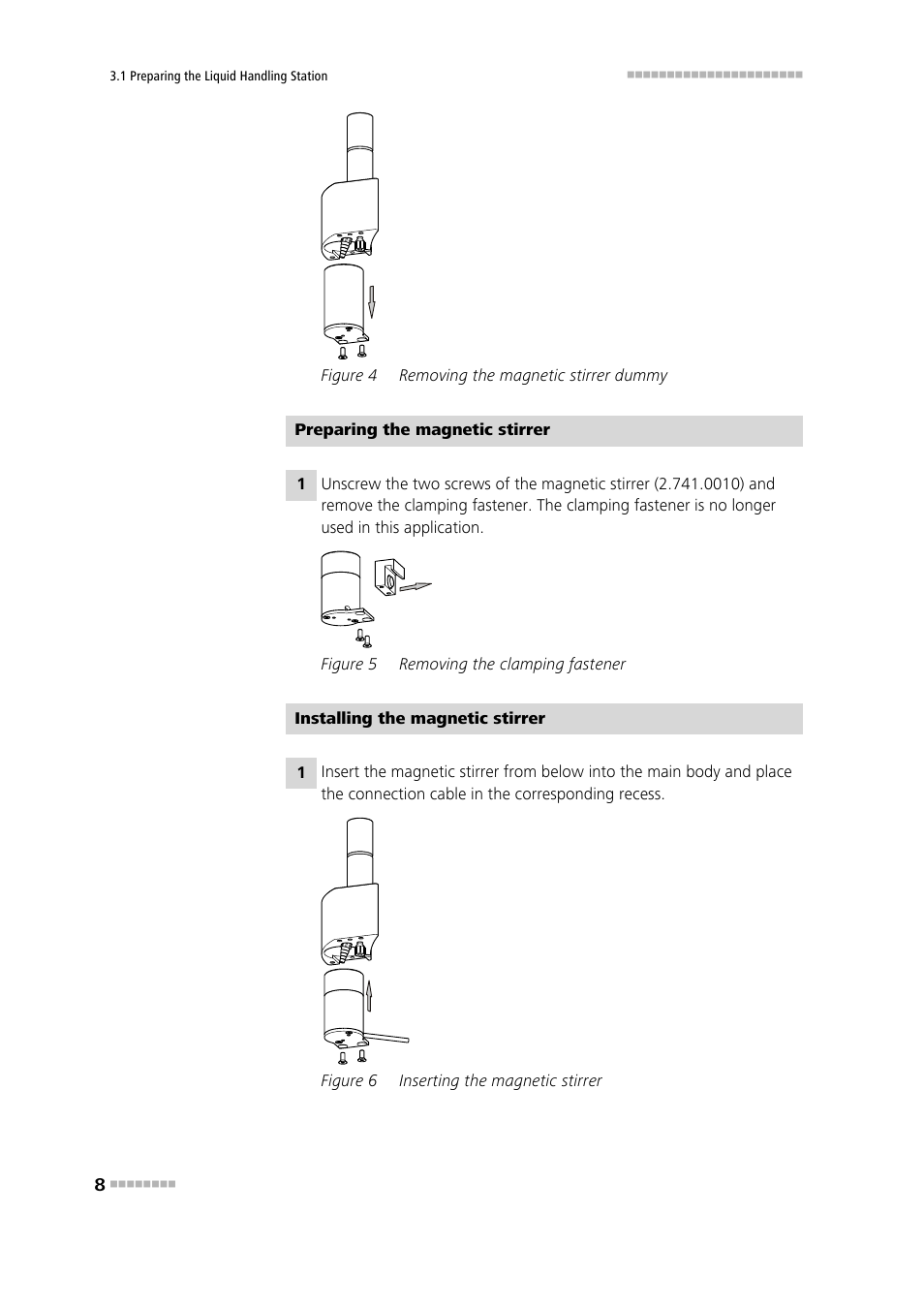 Figure 4, Removing the magnetic stirrer dummy, Figure 5 | Removing the clamping fastener, Figure 6, Inserting the magnetic stirrer | Metrohm Liquid Handling Station User Manual | Page 16 / 35