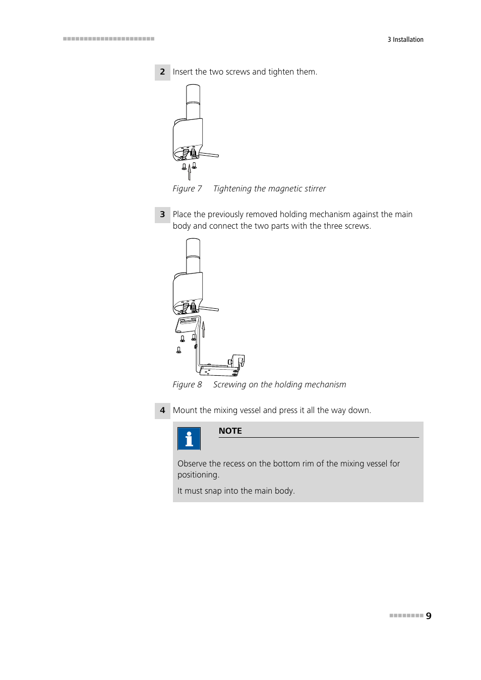 Figure 7, Tightening the magnetic stirrer, Figure 8 | Screwing on the holding mechanism | Metrohm Liquid Handling Station User Manual | Page 17 / 35
