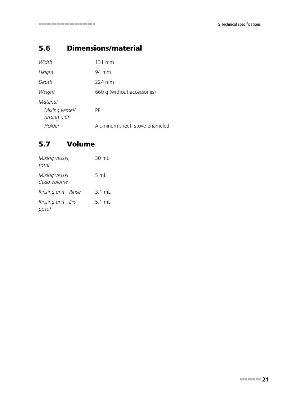 6 dimensions/material, 7 volume, Dimensions/material | Volume | Metrohm Liquid Handling Station User Manual | Page 29 / 35