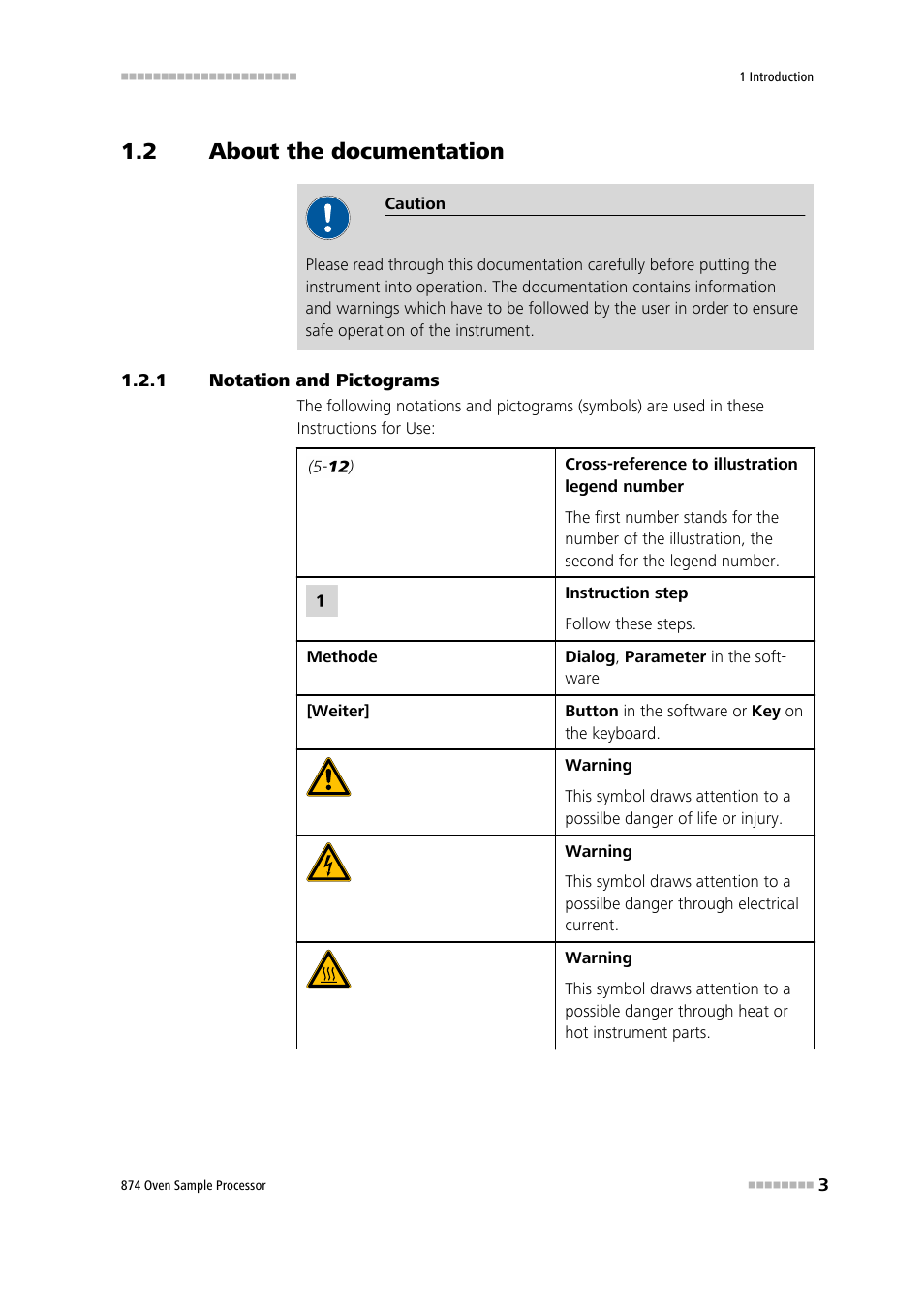 2 about the documentation, 1 notation and pictograms, About the documentation | Notation and pictograms | Metrohm 874 USB Oven Sample Processor User Manual | Page 11 / 79