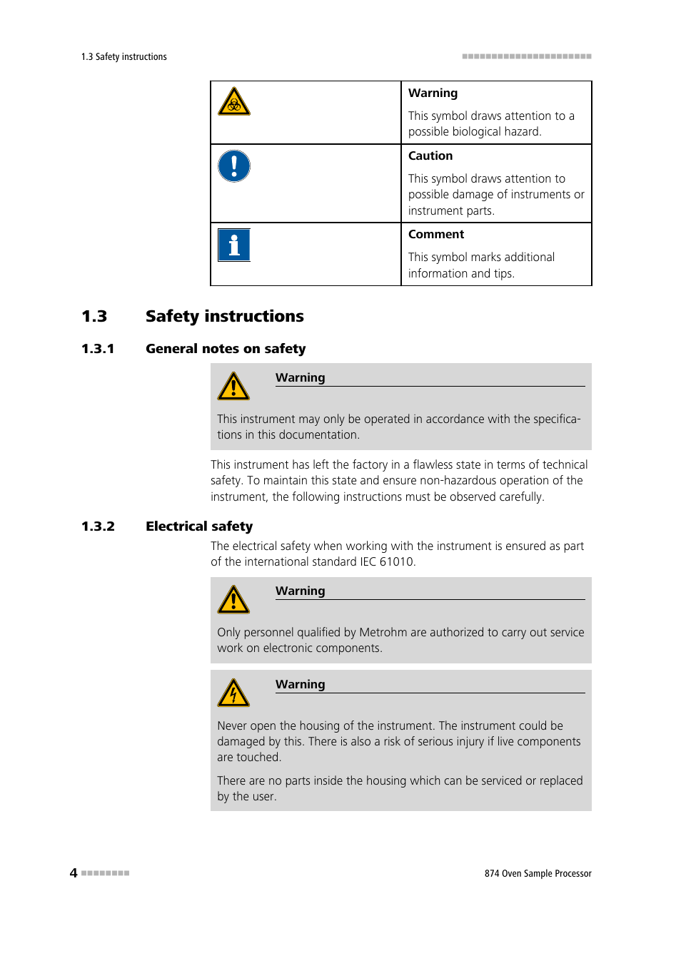 3 safety instructions, 1 general notes on safety, 2 electrical safety | Safety instructions, General notes on safety, Electrical safety | Metrohm 874 USB Oven Sample Processor User Manual | Page 12 / 79