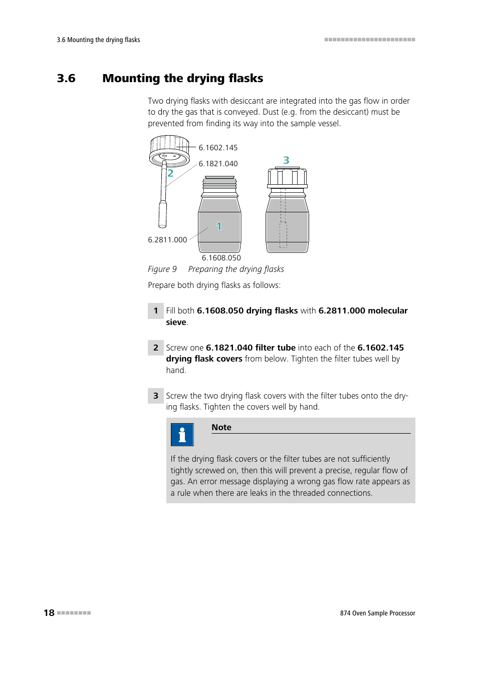 6 mounting the drying flasks, Mounting the drying flasks, Figure 9 | Preparing the drying flasks | Metrohm 874 USB Oven Sample Processor User Manual | Page 26 / 79