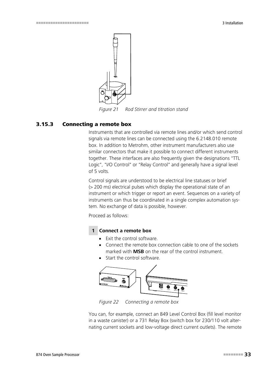 3 connecting a remote box, Connecting a remote box, Figure 21 | Rod stirrer and titration stand, Figure 22 | Metrohm 874 USB Oven Sample Processor User Manual | Page 41 / 79