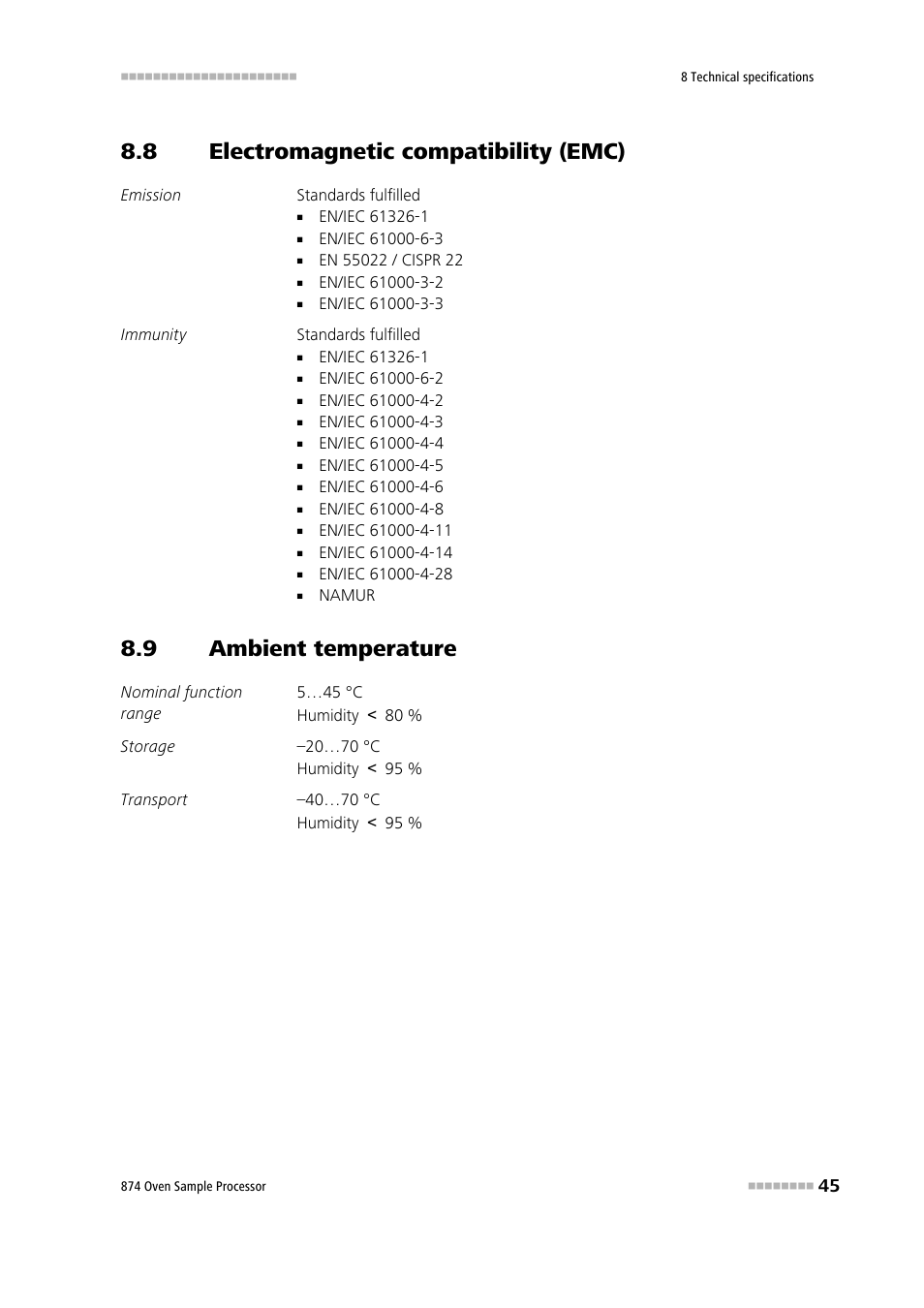 8 electromagnetic compatibility (emc), 9 ambient temperature, Electromagnetic compatibility (emc) | Ambient temperature | Metrohm 874 USB Oven Sample Processor User Manual | Page 53 / 79