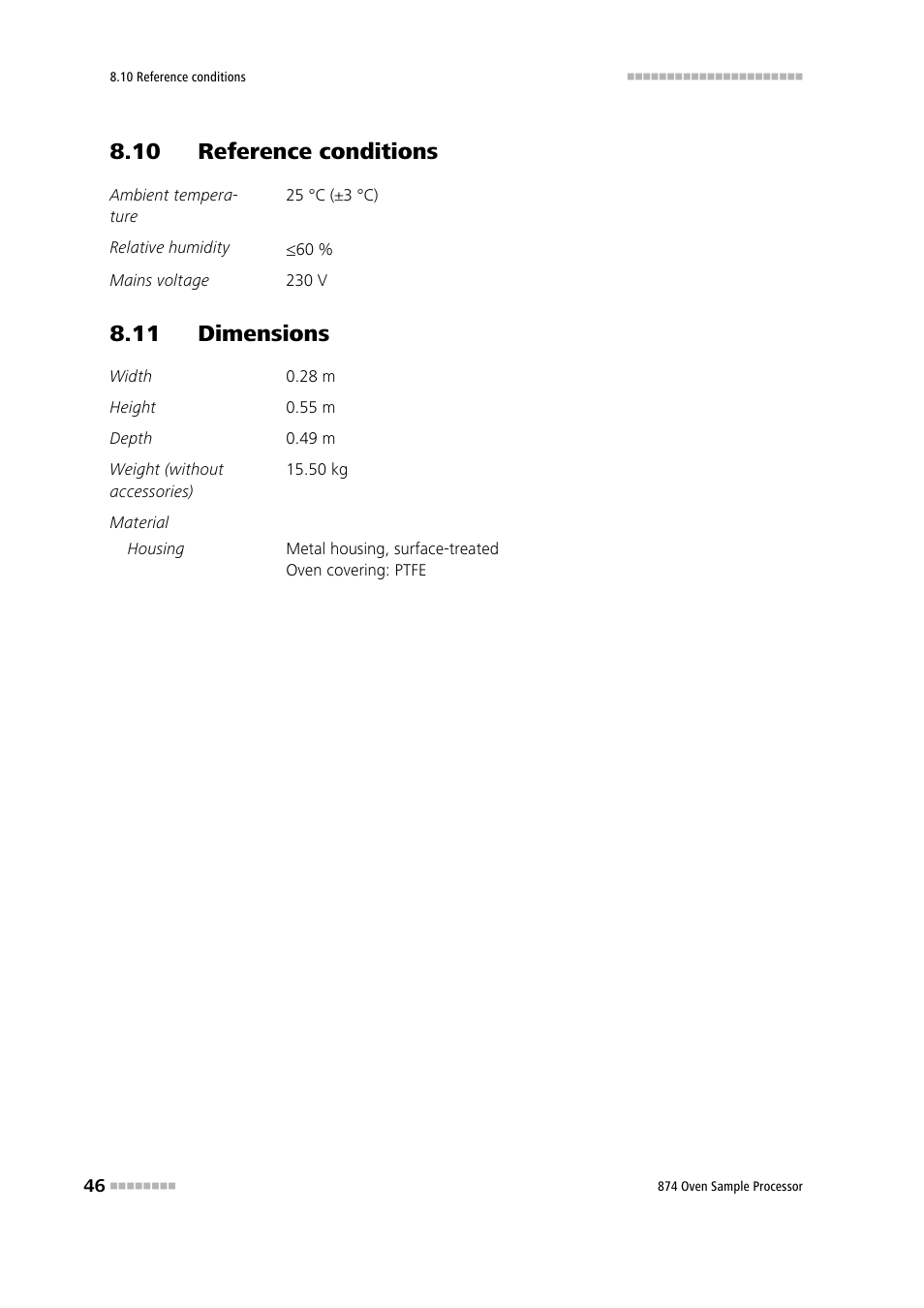 10 reference conditions, 11 dimensions | Metrohm 874 USB Oven Sample Processor User Manual | Page 54 / 79