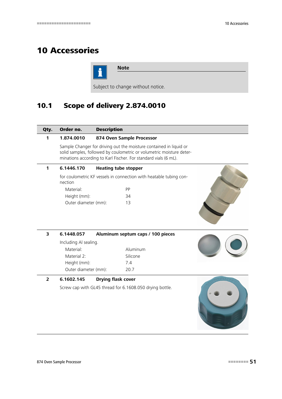 10 accessories, 1 scope of delivery 2.874.0010 | Metrohm 874 USB Oven Sample Processor User Manual | Page 59 / 79