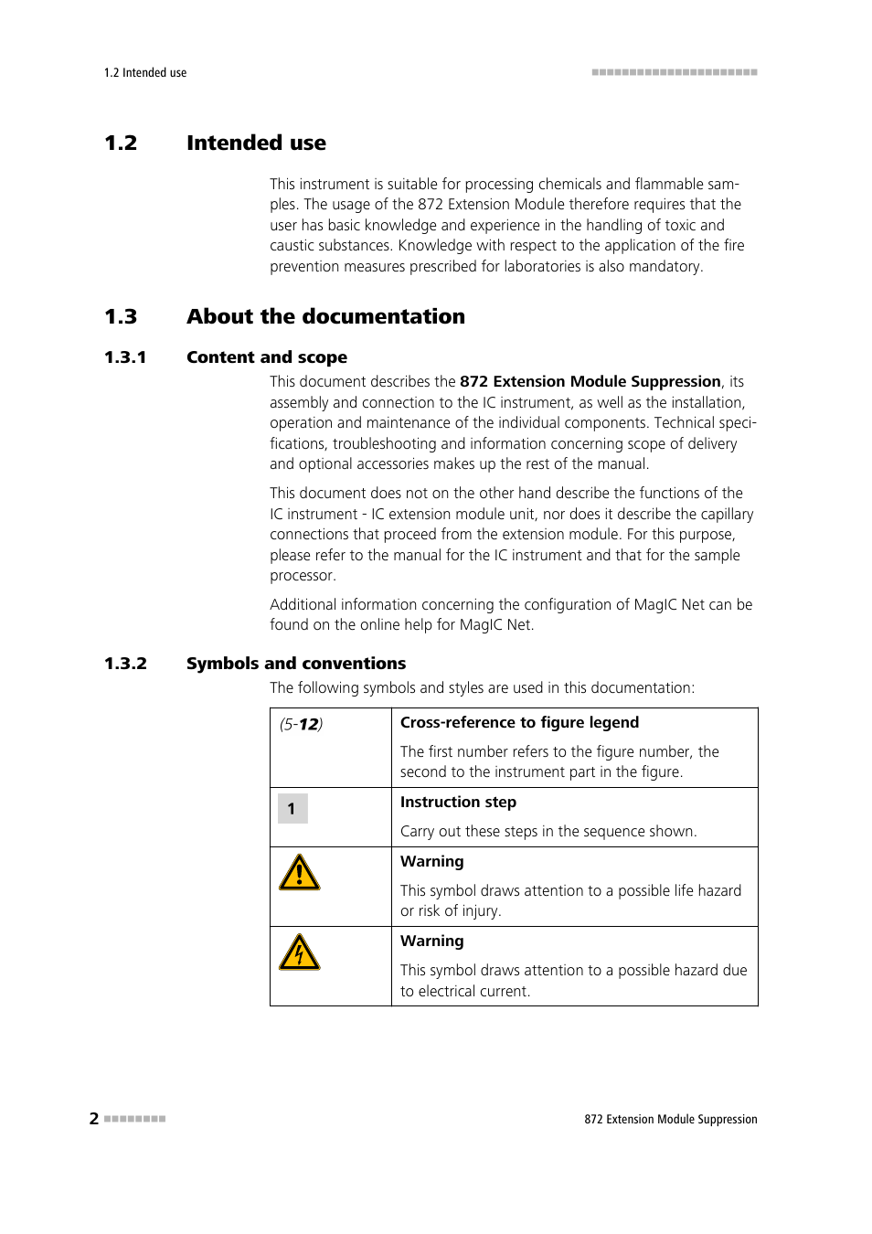 2 intended use, 3 about the documentation, 1 content and scope | 2 symbols and conventions, Intended use, About the documentation, Content and scope, Symbols and conventions | Metrohm 872 Extension Module Suppression User Manual | Page 10 / 60