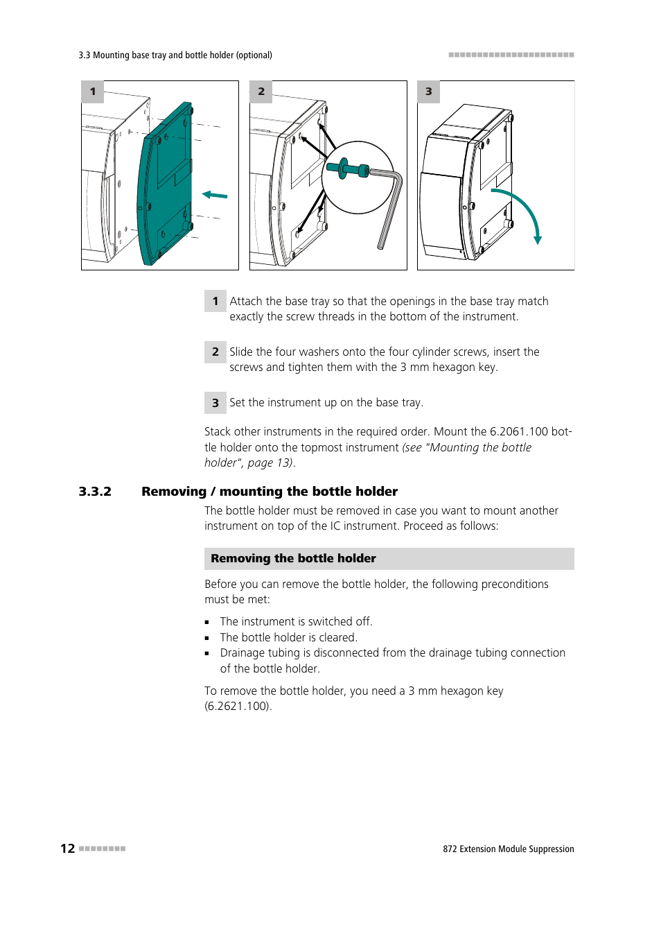 2 removing / mounting the bottle holder, Removing / mounting the bottle holder | Metrohm 872 Extension Module Suppression User Manual | Page 20 / 60