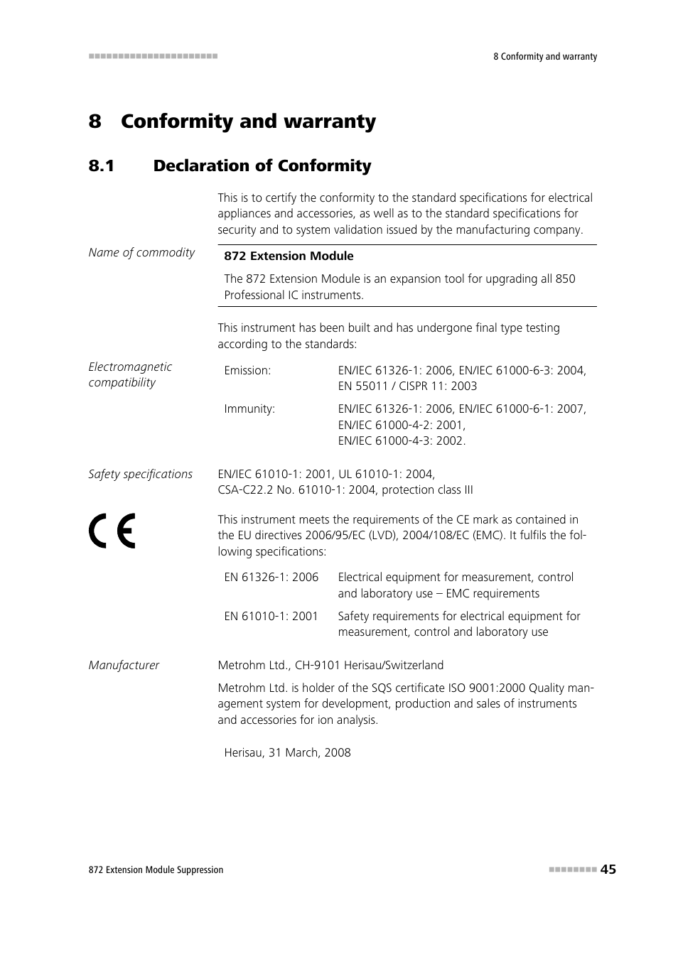 8 conformity and warranty, 1 declaration of conformity, Declaration of conformity | Metrohm 872 Extension Module Suppression User Manual | Page 53 / 60