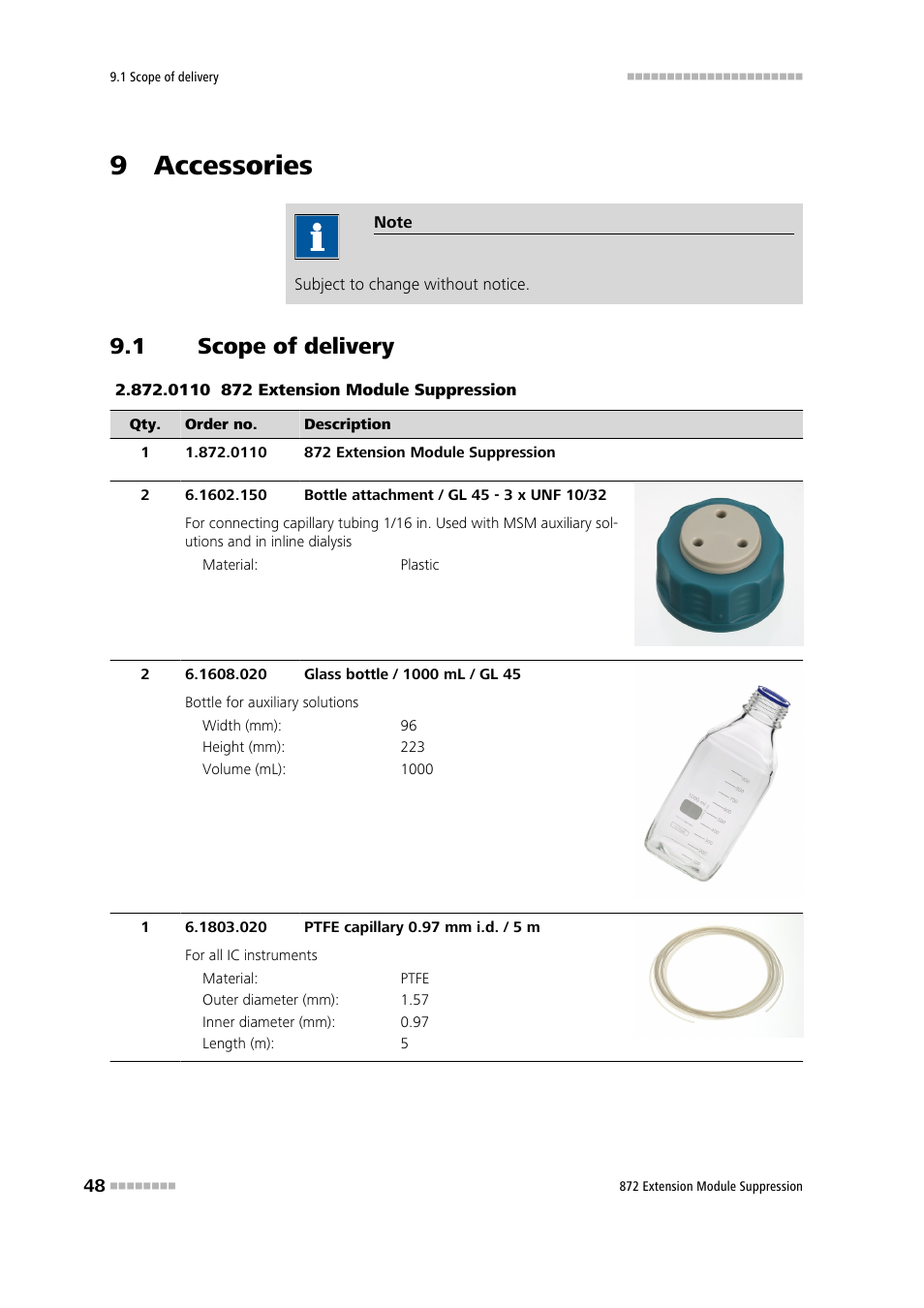 9 accessories, 1 scope of delivery, Scope of delivery | Metrohm 872 Extension Module Suppression User Manual | Page 56 / 60