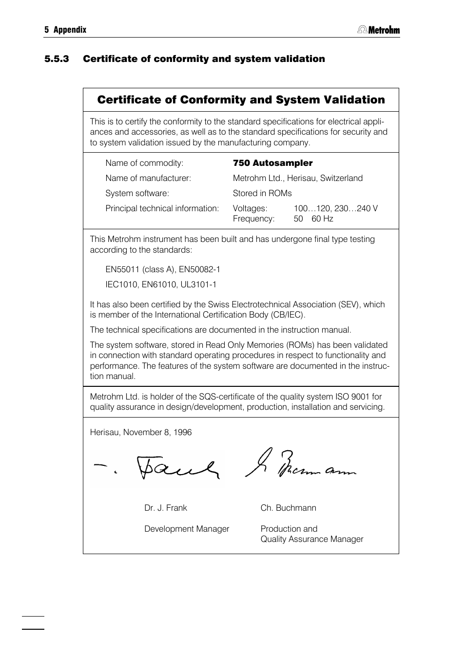 Certificate of conformity and system validation | Metrohm 750 Autosampler User Manual | Page 61 / 65