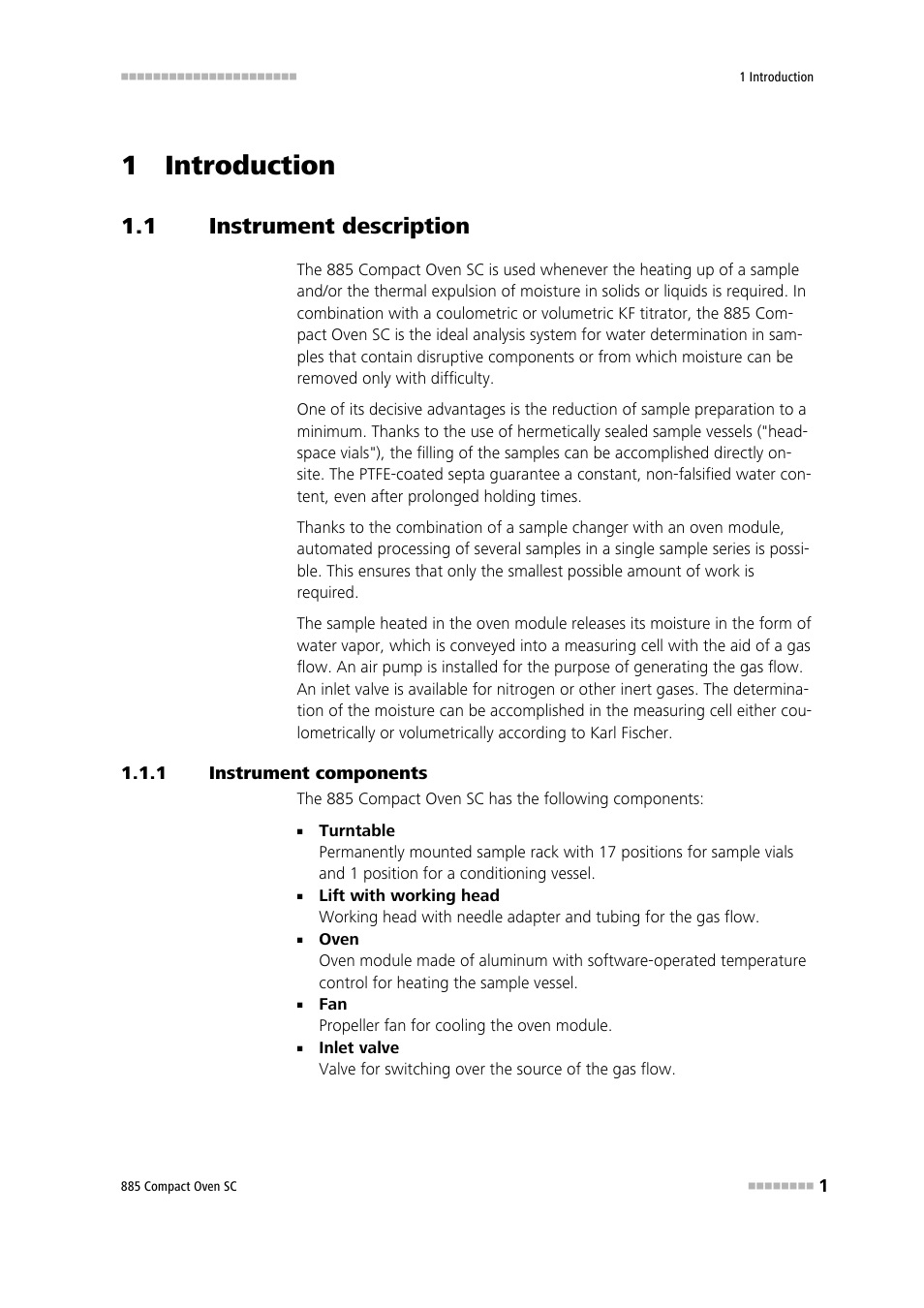 1 introduction, 1 instrument description, 1 instrument components | Instrument description, Instrument components | Metrohm 885 Compact Oven SC User Manual | Page 11 / 93