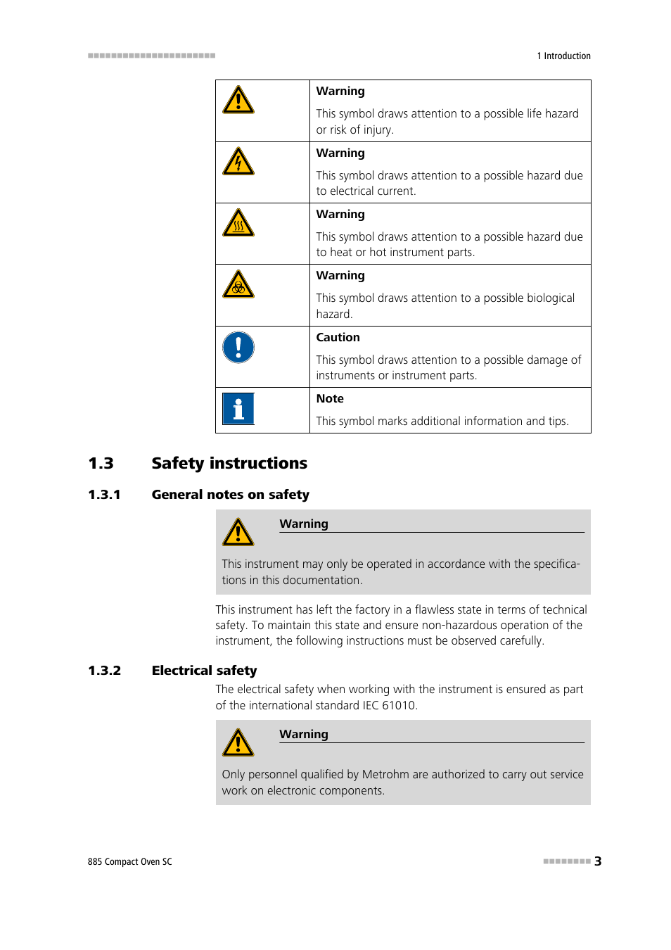 3 safety instructions, 1 general notes on safety, 2 electrical safety | Safety instructions, General notes on safety, Electrical safety | Metrohm 885 Compact Oven SC User Manual | Page 13 / 93