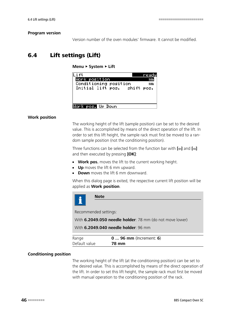 4 lift settings (lift), Lift settings (lift) | Metrohm 885 Compact Oven SC User Manual | Page 56 / 93