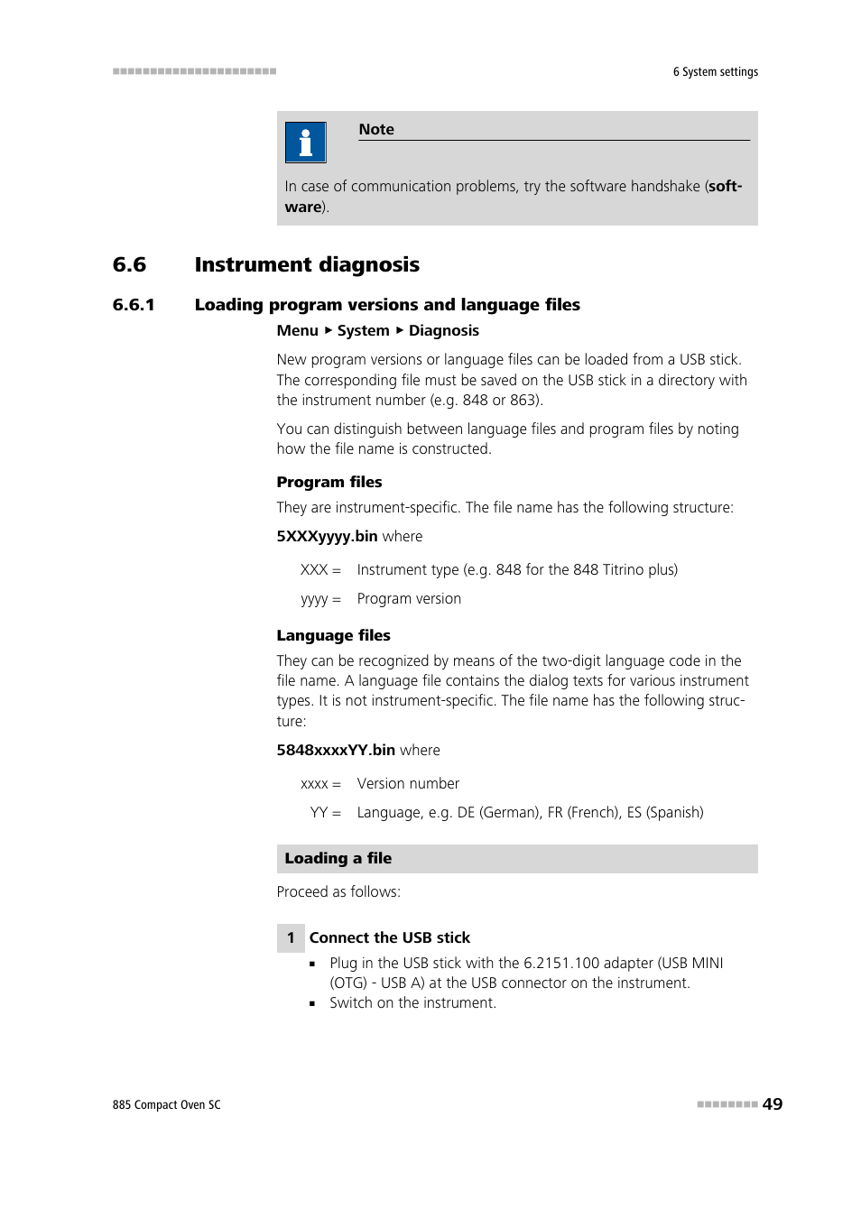 6 instrument diagnosis, 1 loading program versions and language files, Instrument diagnosis | Loading program versions and language files | Metrohm 885 Compact Oven SC User Manual | Page 59 / 93