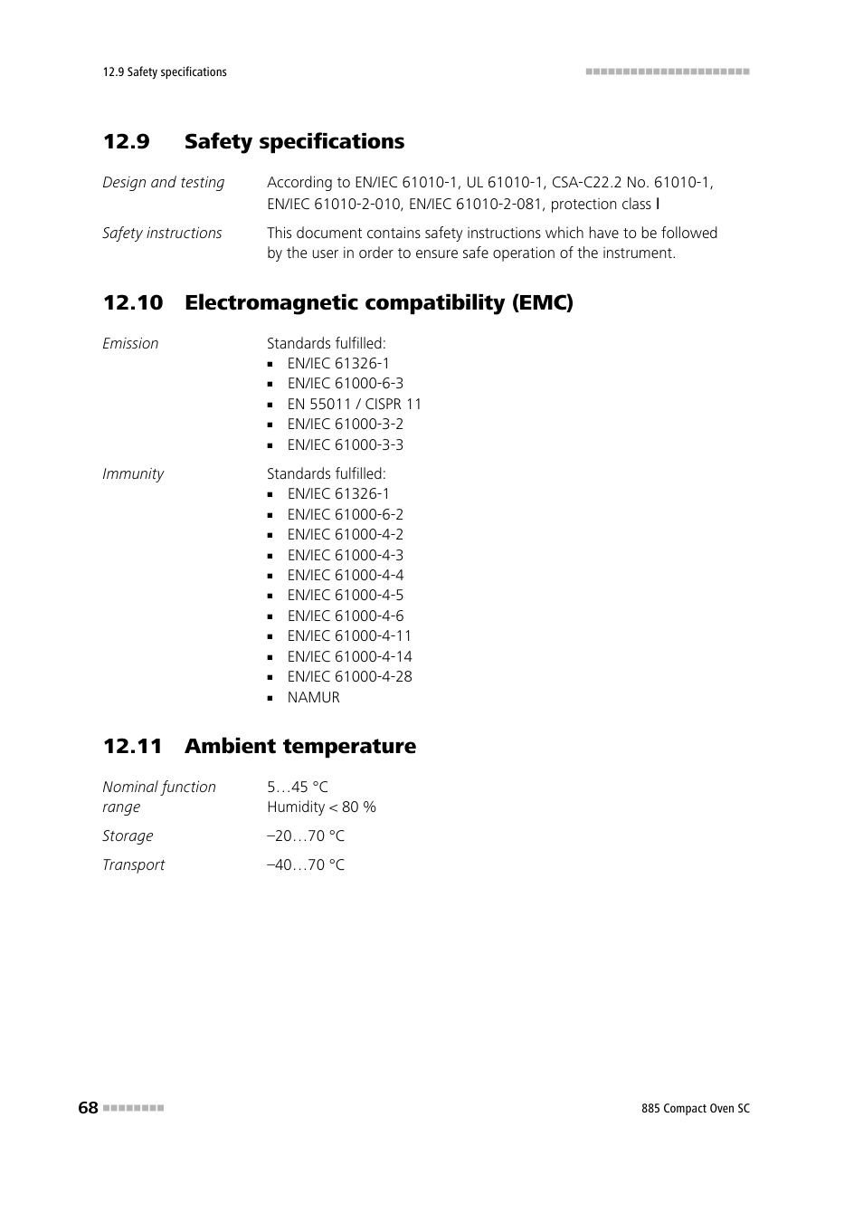 9 safety specifications, 10 electromagnetic compatibility (emc), 11 ambient temperature | Metrohm 885 Compact Oven SC User Manual | Page 78 / 93