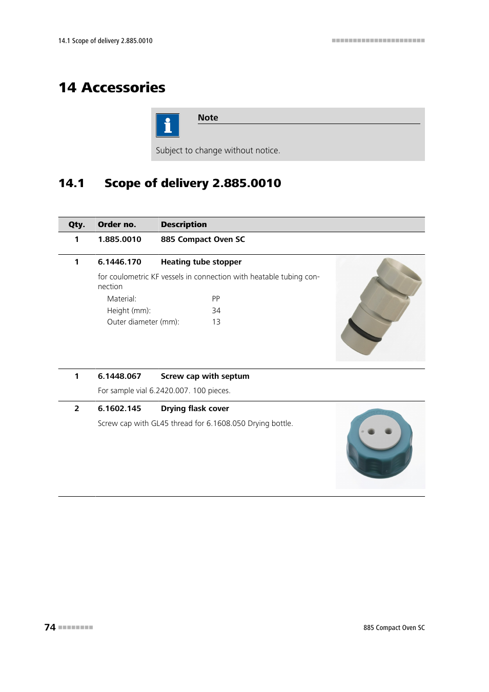 14 accessories, 1 scope of delivery 2.885.0010 | Metrohm 885 Compact Oven SC User Manual | Page 84 / 93