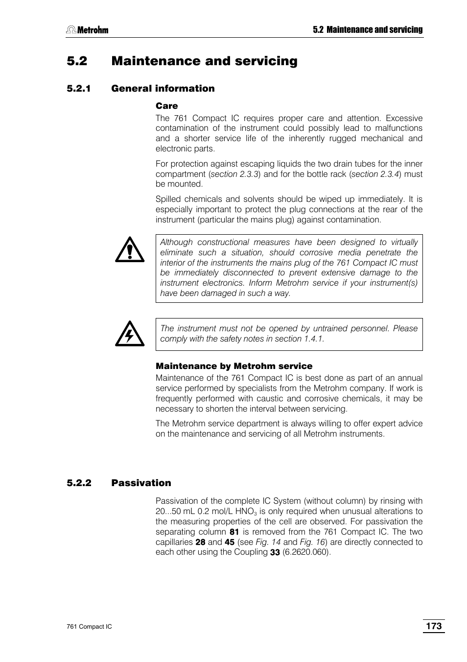 2 maintenance and servicing, 1 general information, 2 passivation | Metrohm 761 Compact IC User Manual | Page 183 / 228