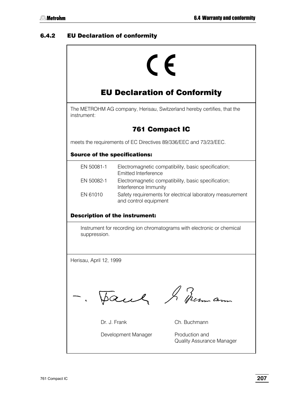 2 eu declaration of conformity, Eu declaration of conformity, 761 compact ic | Metrohm 761 Compact IC User Manual | Page 217 / 228