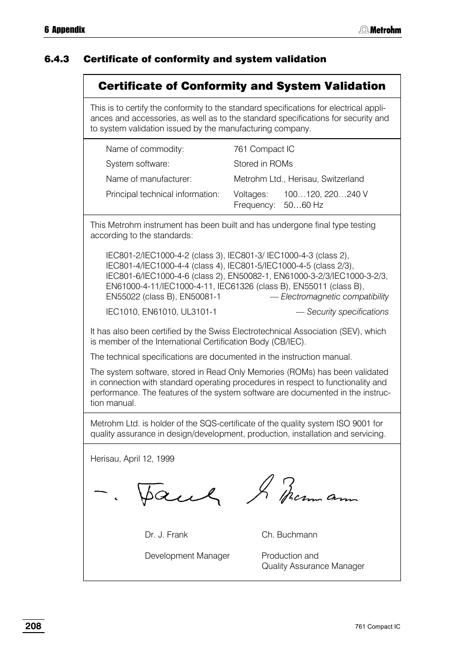 3 certificate of conformity and system validation, Certificate of conformity and system validation | Metrohm 761 Compact IC User Manual | Page 218 / 228