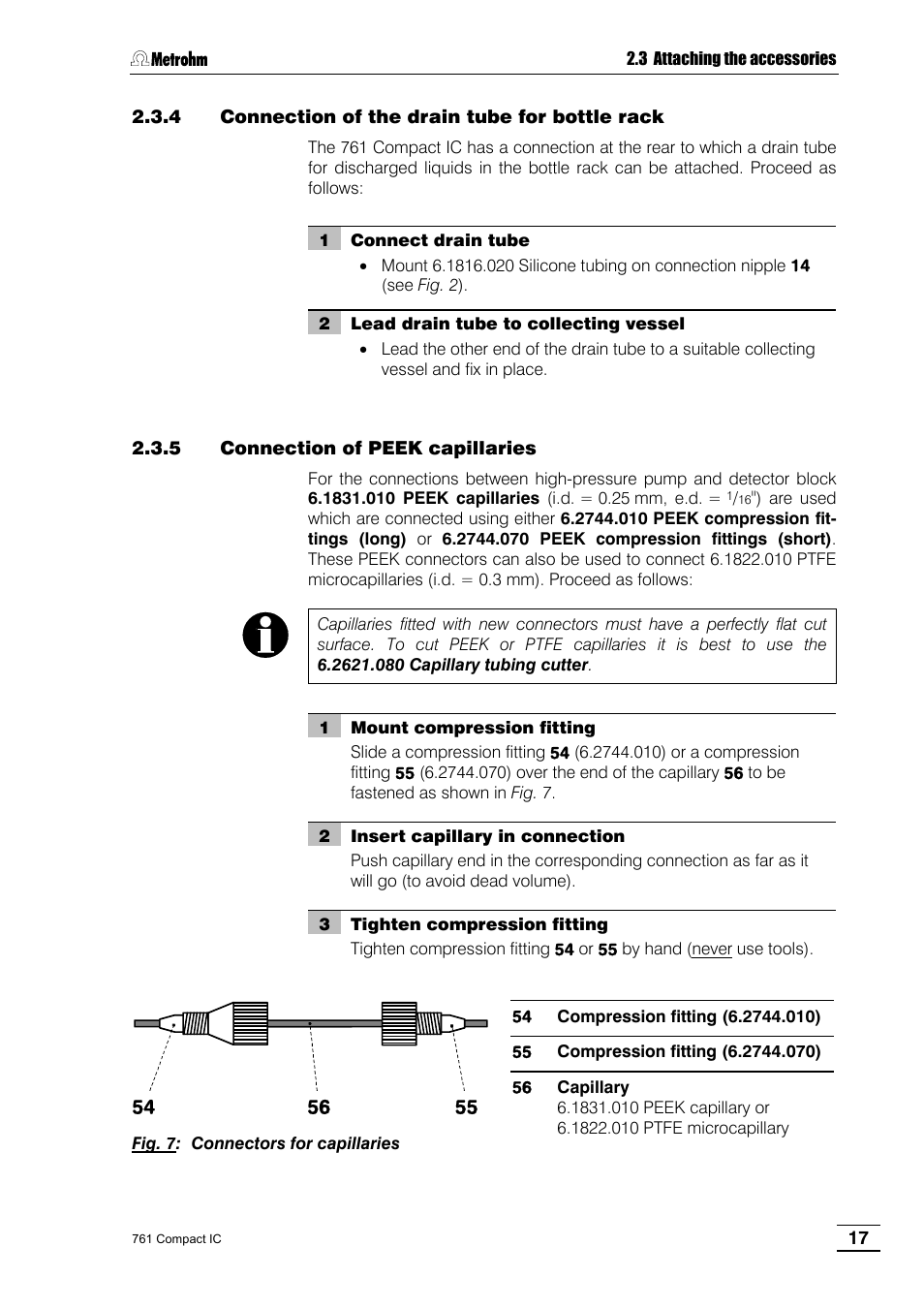 4 connection of the drain tube for bottle rack, 5 connection of peek capillaries | Metrohm 761 Compact IC User Manual | Page 27 / 228