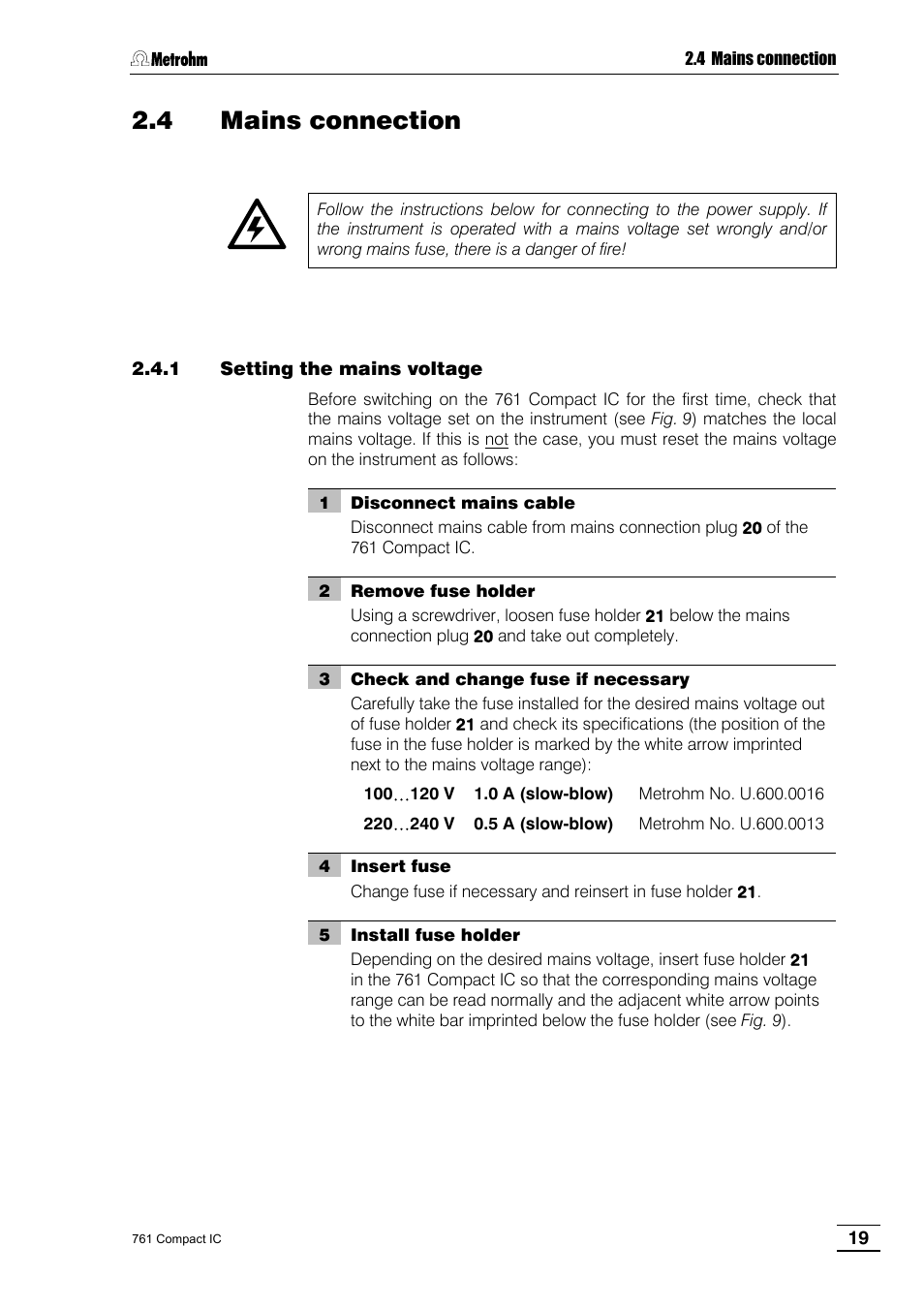 4 mains connection, 1 setting the mains voltage | Metrohm 761 Compact IC User Manual | Page 29 / 228