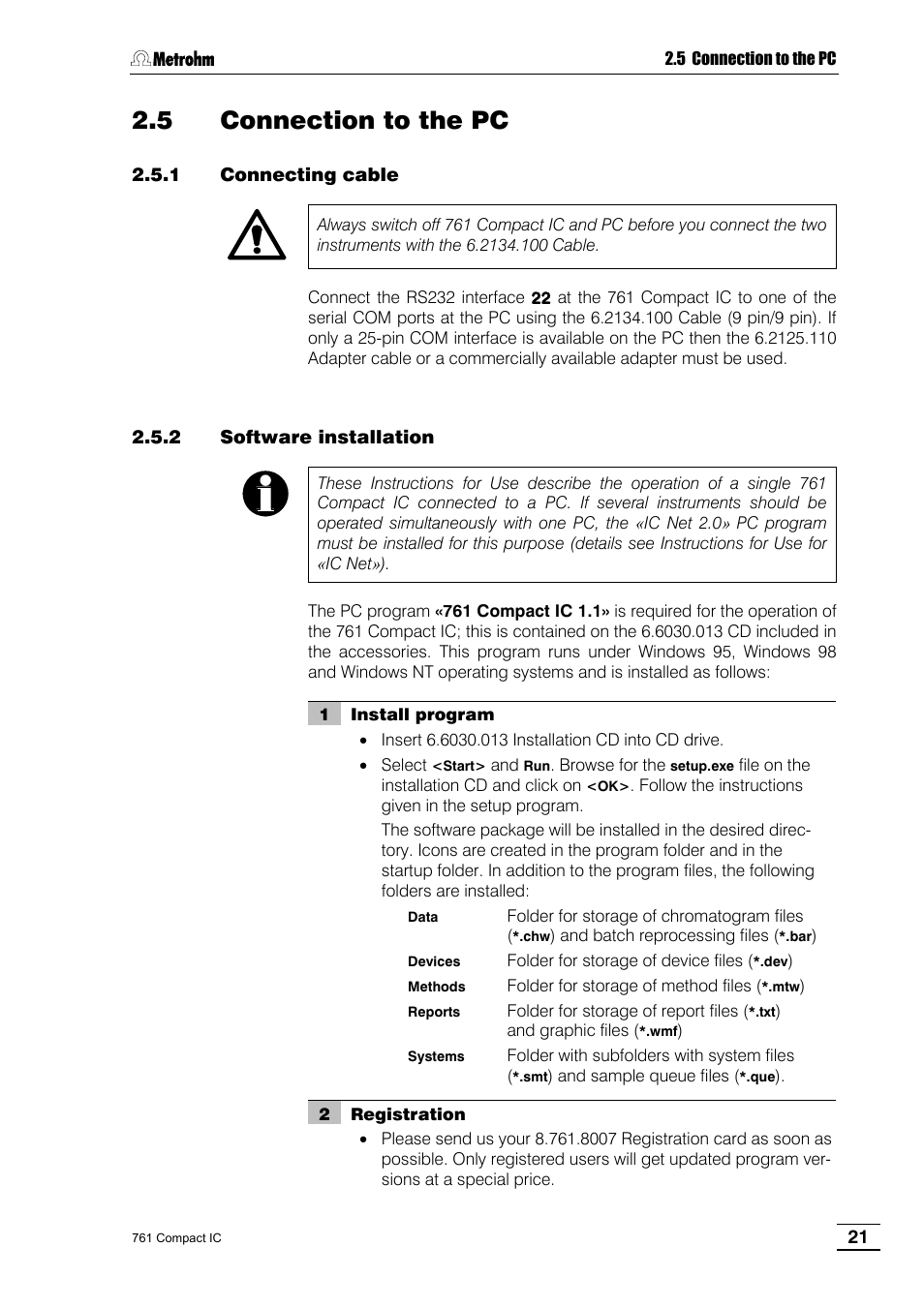 5 connection to the pc, 1 connecting cable, 2 software installation | Metrohm 761 Compact IC User Manual | Page 31 / 228